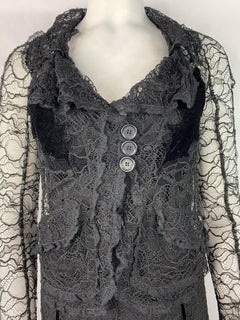 Vintage Sonia Rykiel Black Lace and Velvet Slip Dress with Jacket Set, Size 38