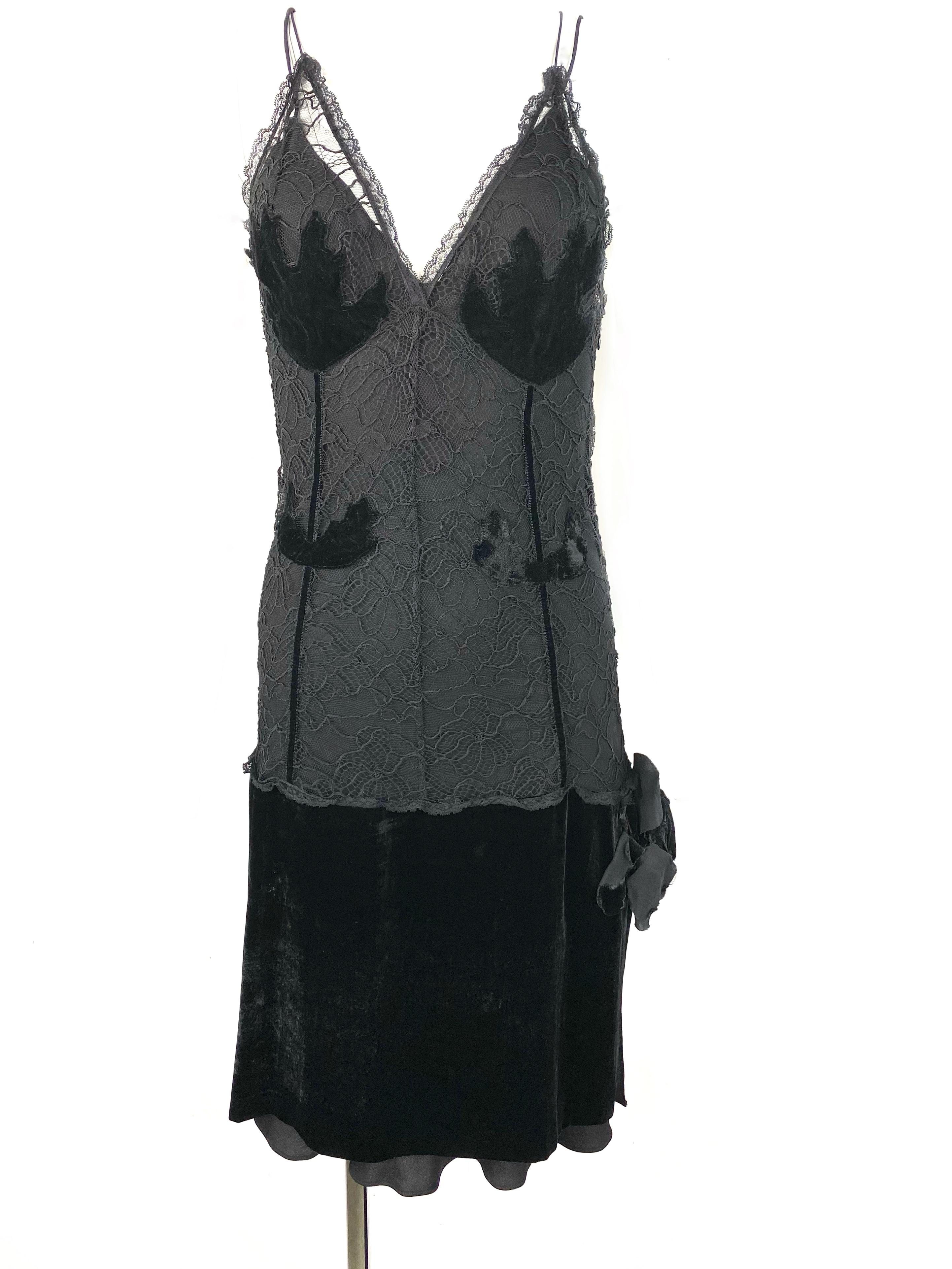 Vintage Sonia Rykiel Black Lace and Velvet Slip Dress with Jacket Set, Size 38 For Sale 1