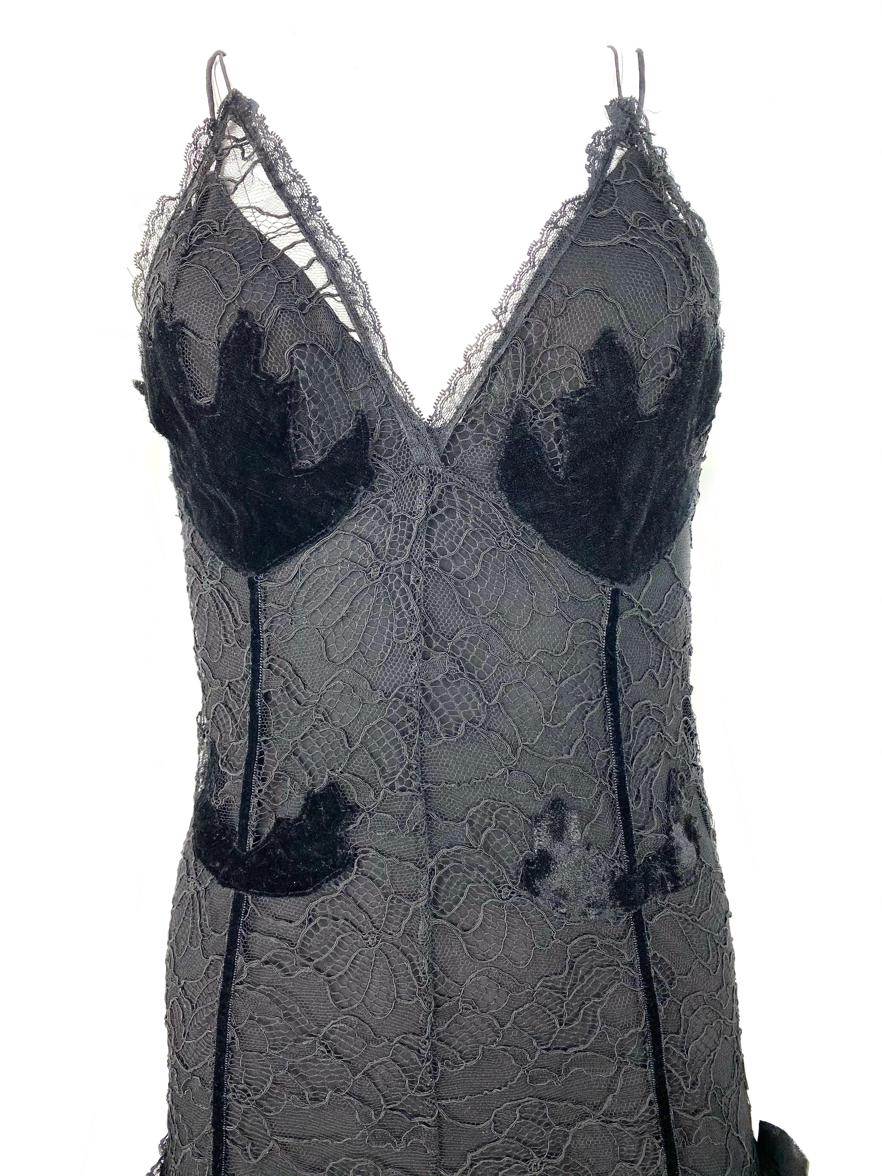 Vintage Sonia Rykiel Black Lace and Velvet Slip Dress with Jacket Set, Size 38 For Sale 2