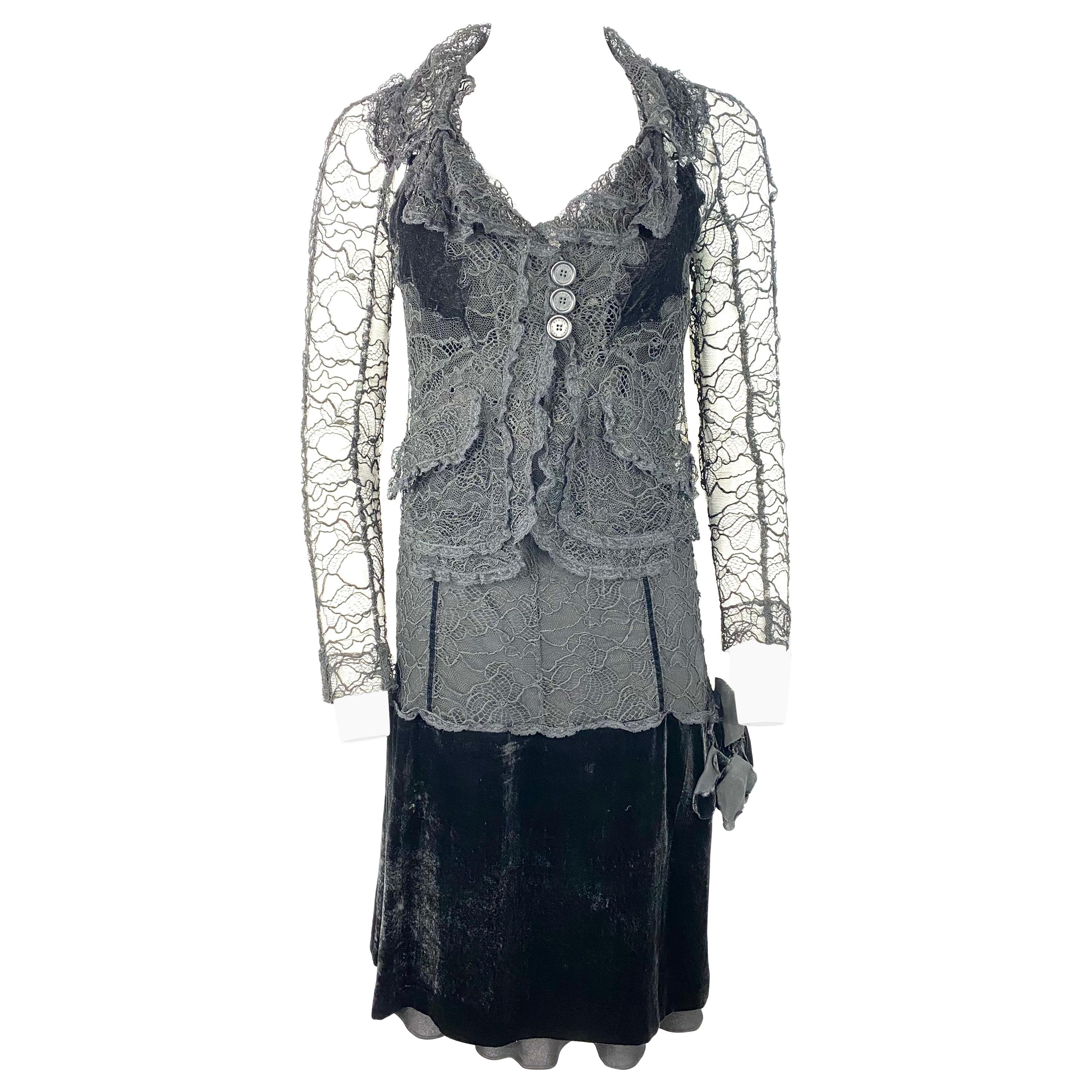 Vintage Sonia Rykiel Black Lace and Velvet Slip Dress with Jacket Set, Size 38 For Sale