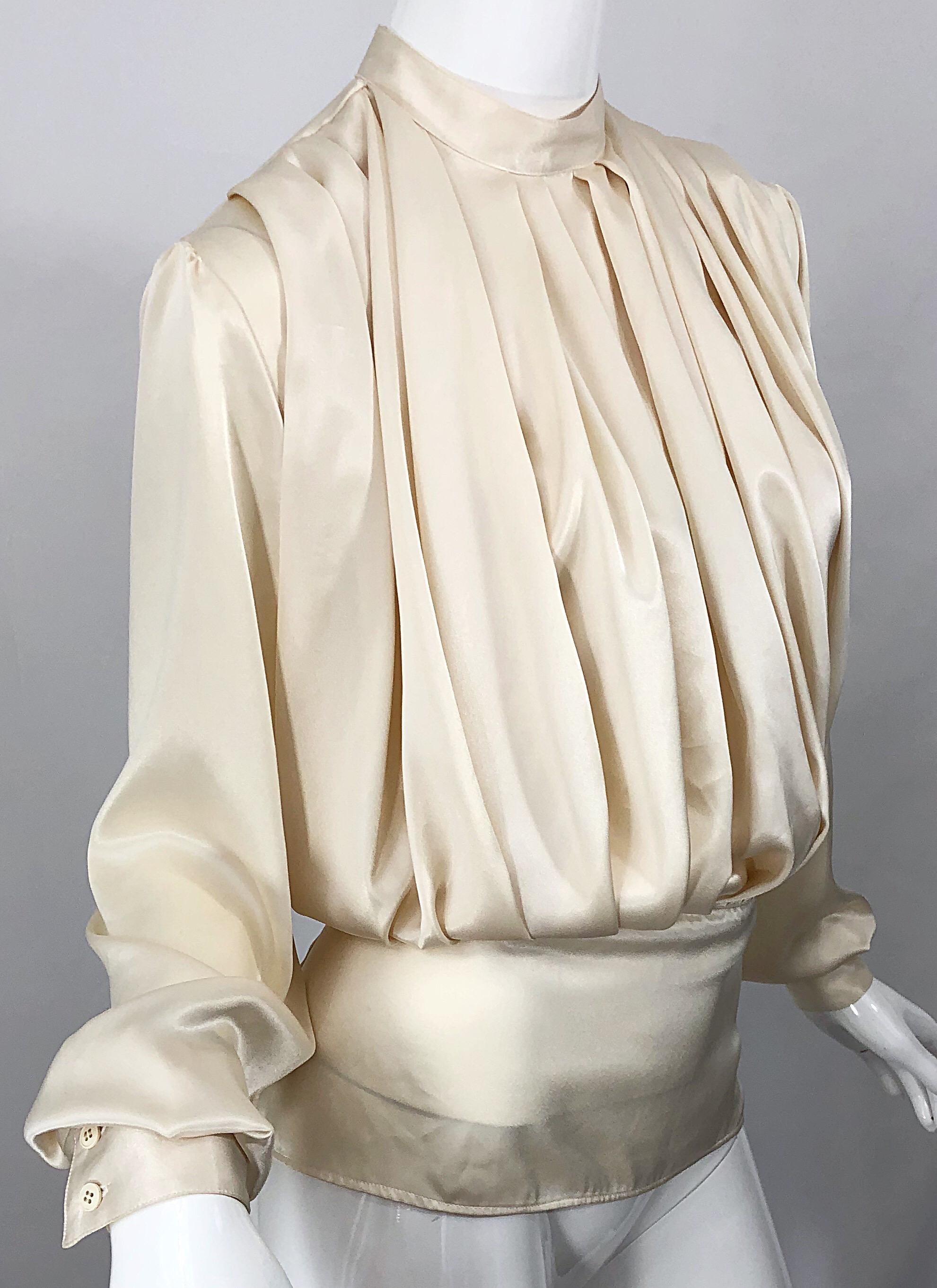 Vintage Sonia Rykiel Ivory Off White Size 40 / 8-10 Silk Pleated 90s Blouse Top In Excellent Condition In San Diego, CA