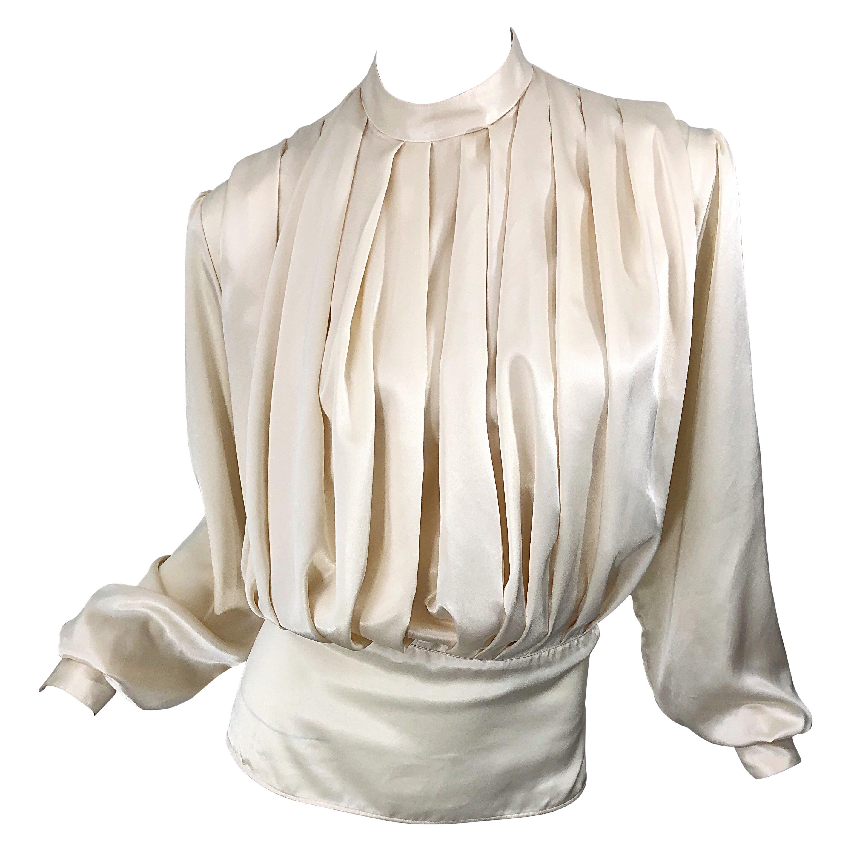 Vintage Sonia Rykiel Ivory Off White Size 40 / 8-10 Silk Pleated 90s Blouse Top