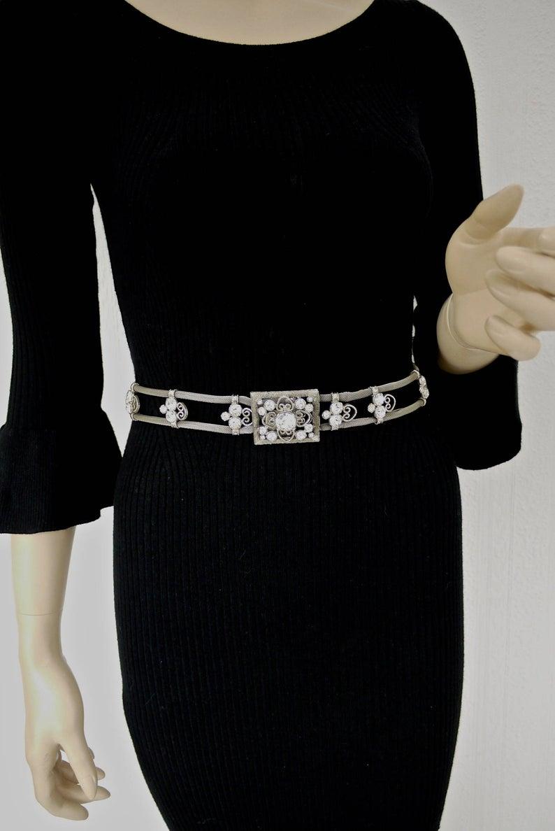 Vintage SONIA RYKIEL Mesh Filigree Rhinestone Art Deco Belt For Sale 2