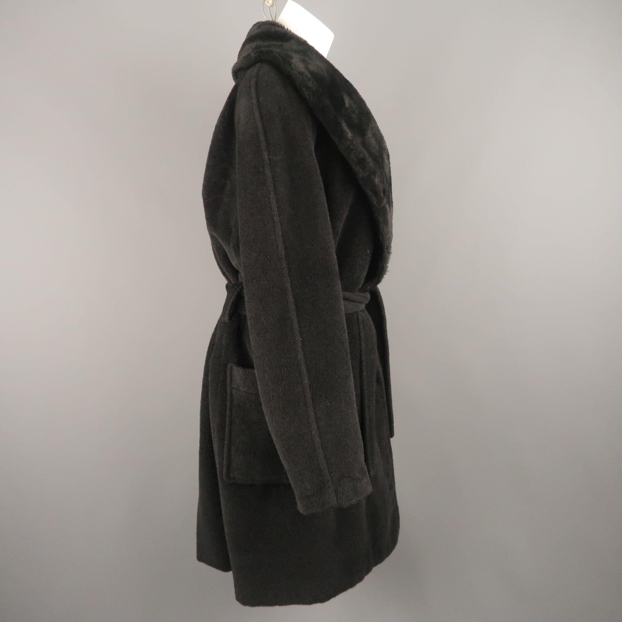 Women's Vintage SONIA RYKIEL Size L Black Faux Fur Shawl Collar Robe Coat For Sale