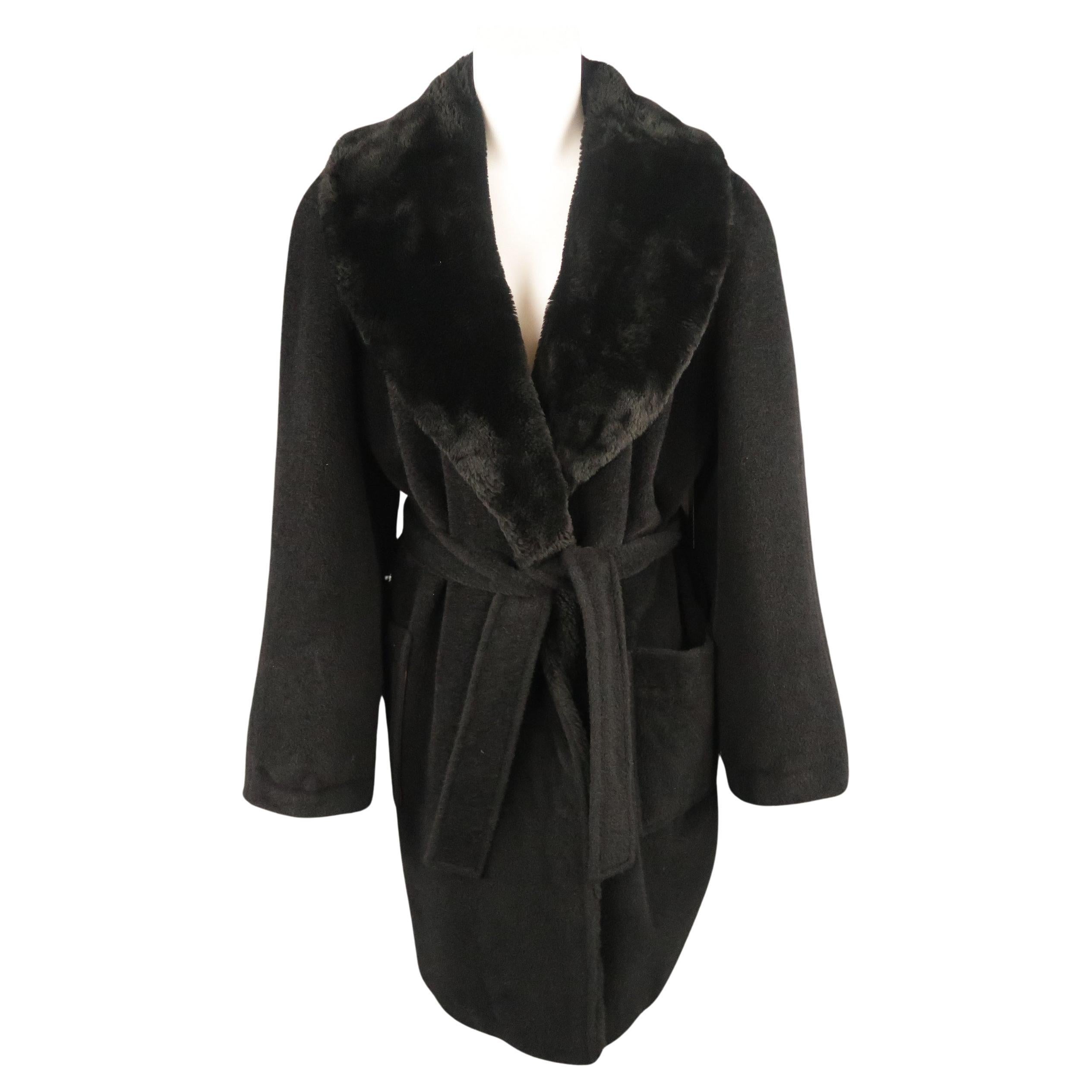 Vintage SONIA RYKIEL Size L Black Faux Fur Shawl Collar Robe Coat For Sale