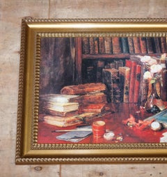 VINTAGE SOPHISTICATED LIBRARY SETTING PRINT IN GILTED FRAME 64 x 114 CM
