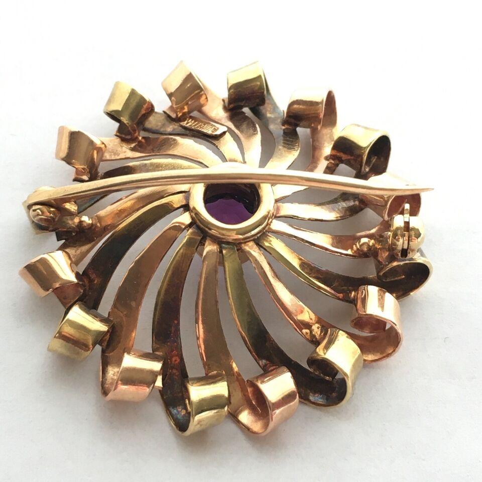 Round Cut Vintage SORET Retro 14K Two Tone Rose Green Gold Amethyst Brooch US For Sale
