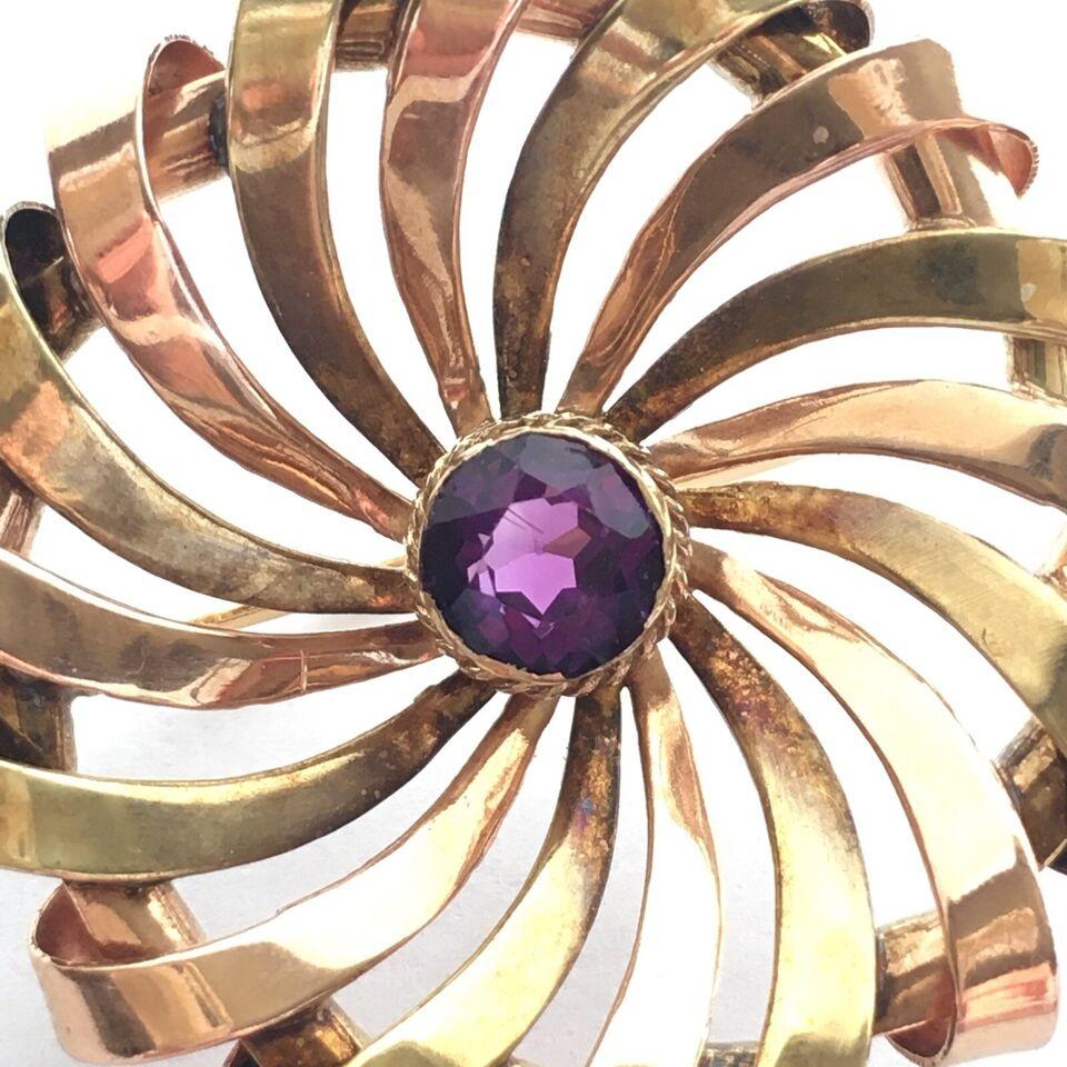 Women's Vintage SORET Retro 14K Two Tone Rose Green Gold Amethyst Brooch US For Sale