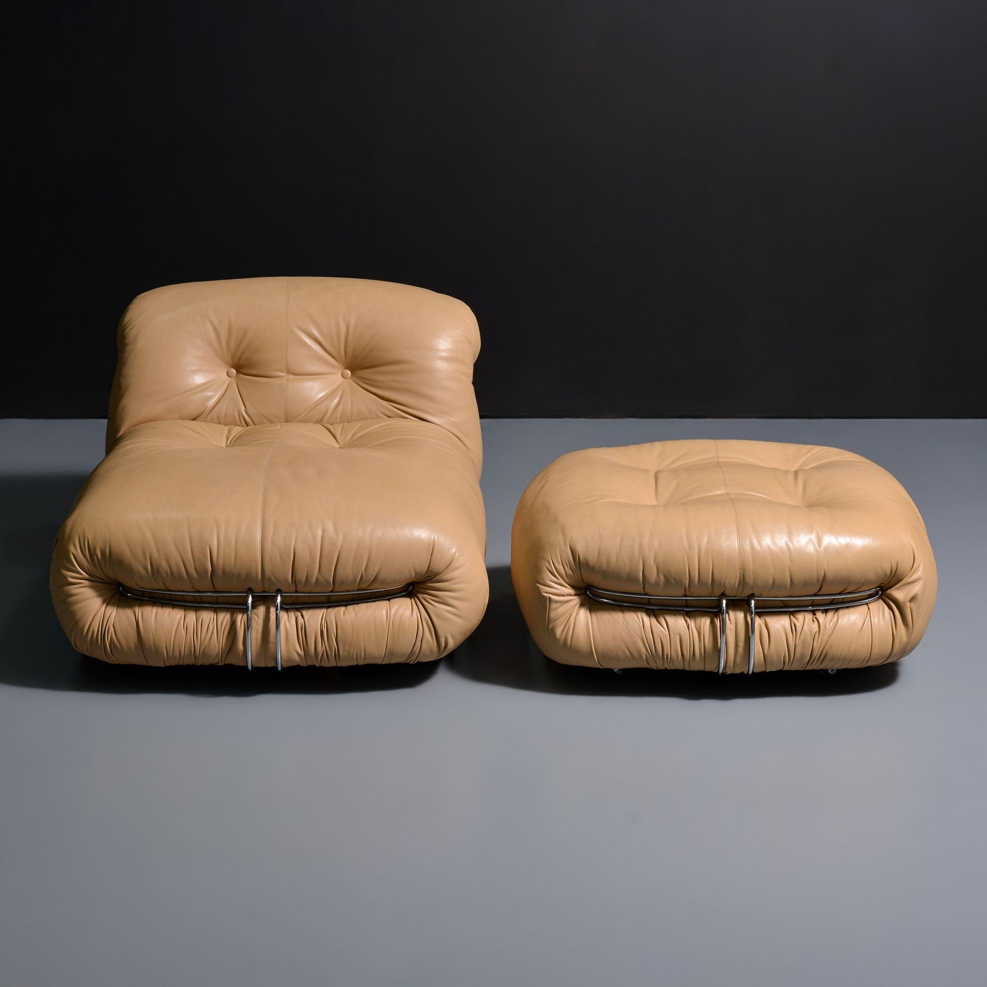 Italian Vintage Soriana Lounge Chair & Ottoman by Afra & Tobia Scarpa in Leather, 1970 For Sale