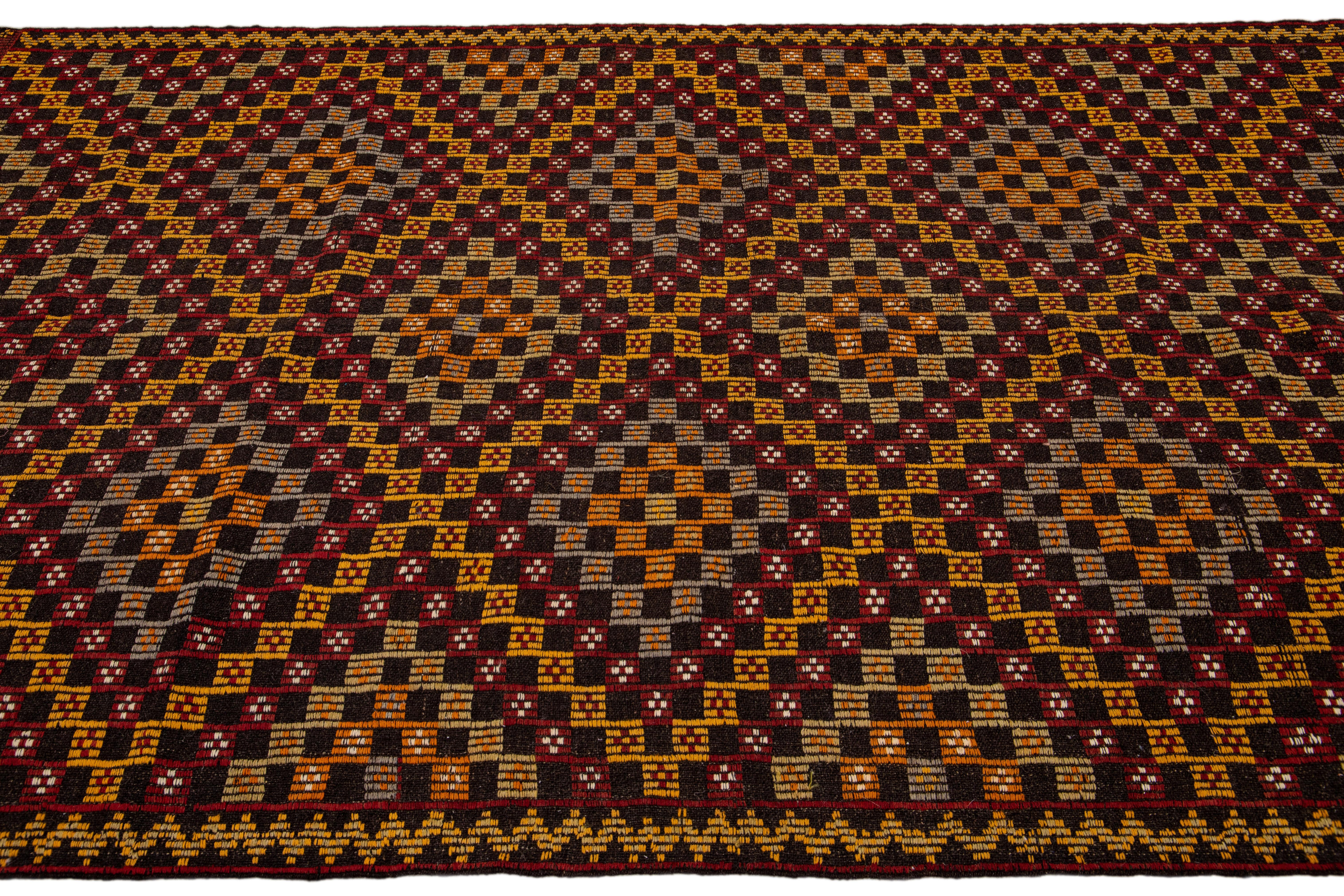 Hand-Knotted Vintage Soumak Handmade Geometric Designed Brown Wool Rug For Sale