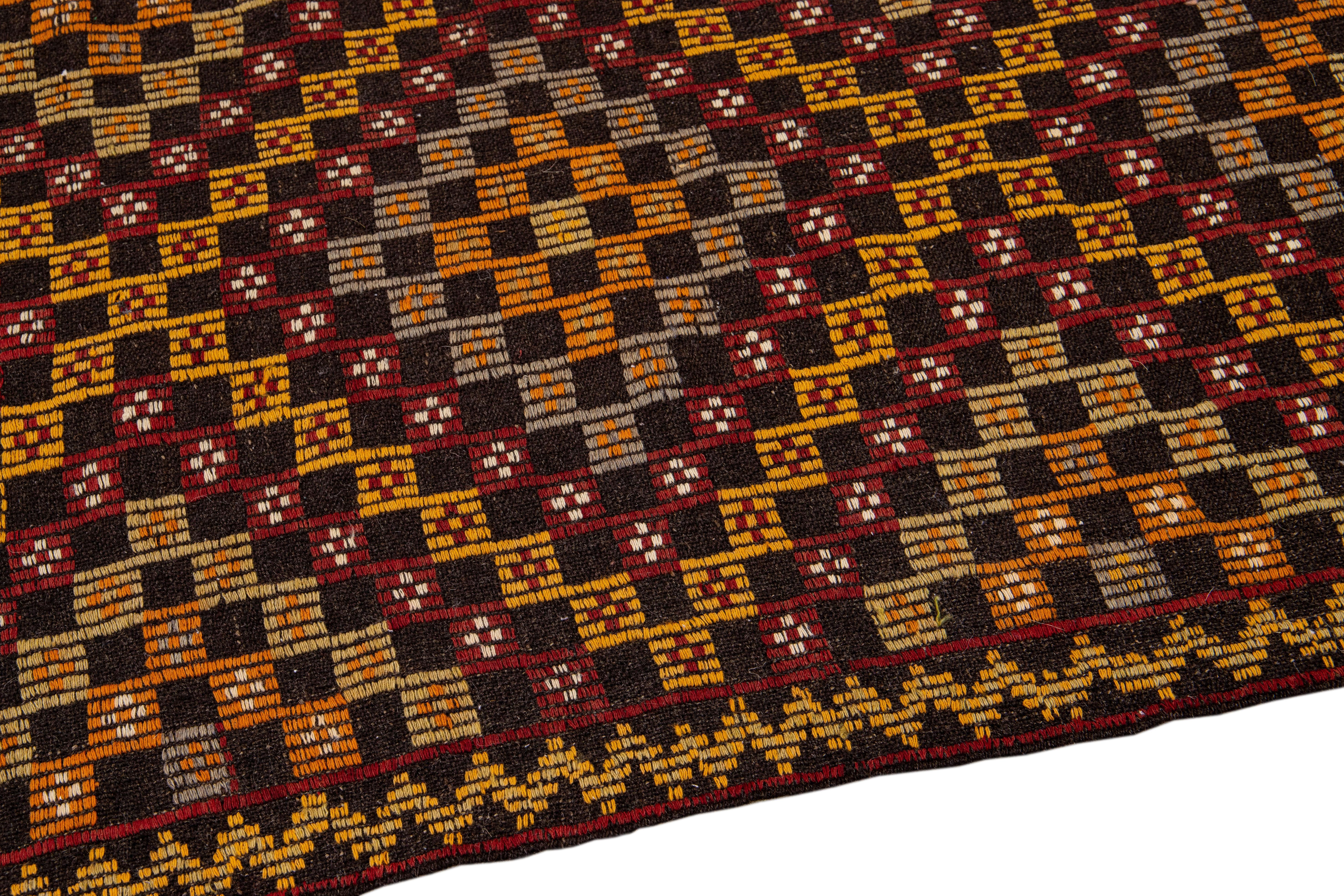 Vintage Soumak Handmade Geometric Designed Brown Wool Rug In Excellent Condition For Sale In Norwalk, CT