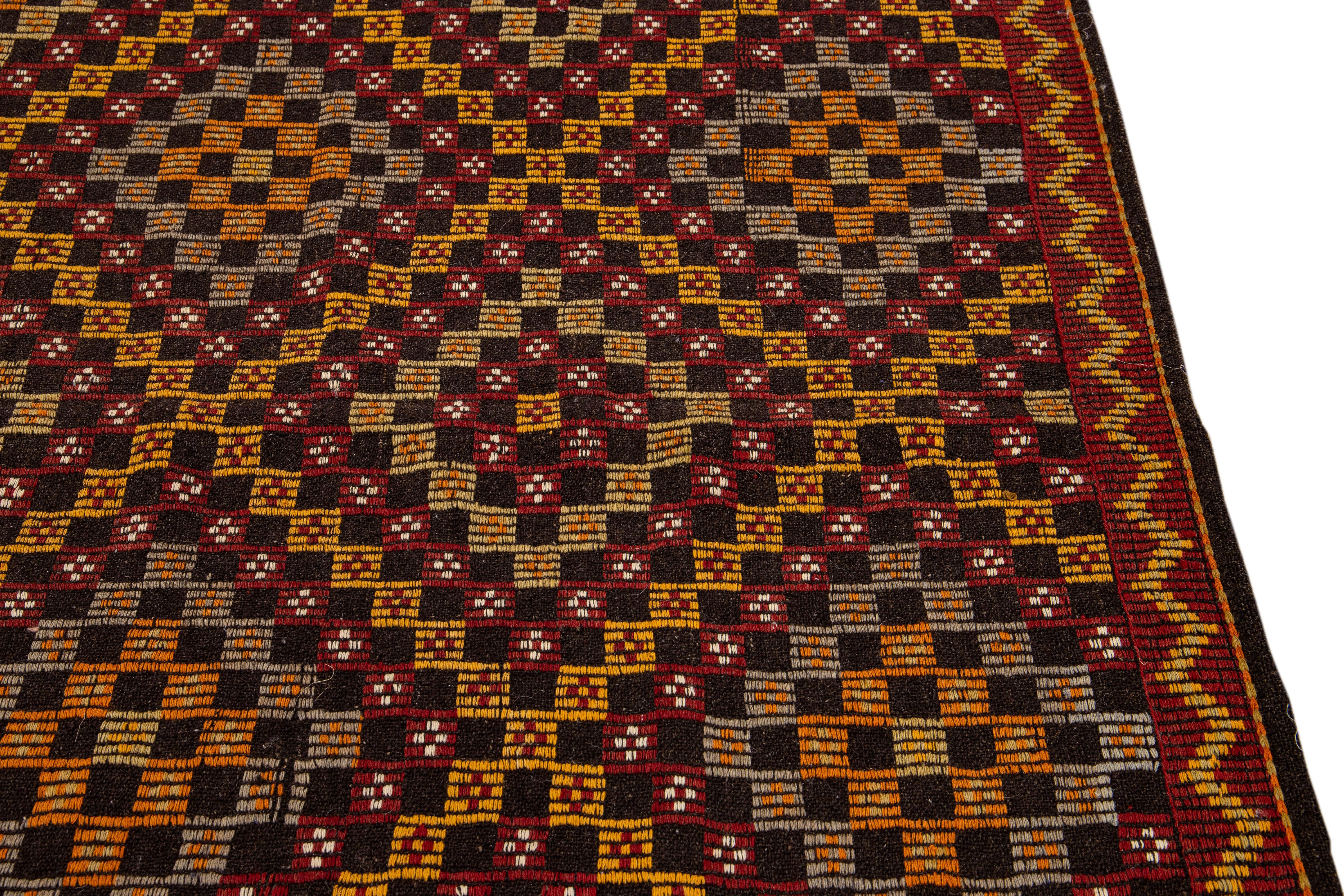 20th Century Vintage Soumak Handmade Geometric Designed Brown Wool Rug For Sale