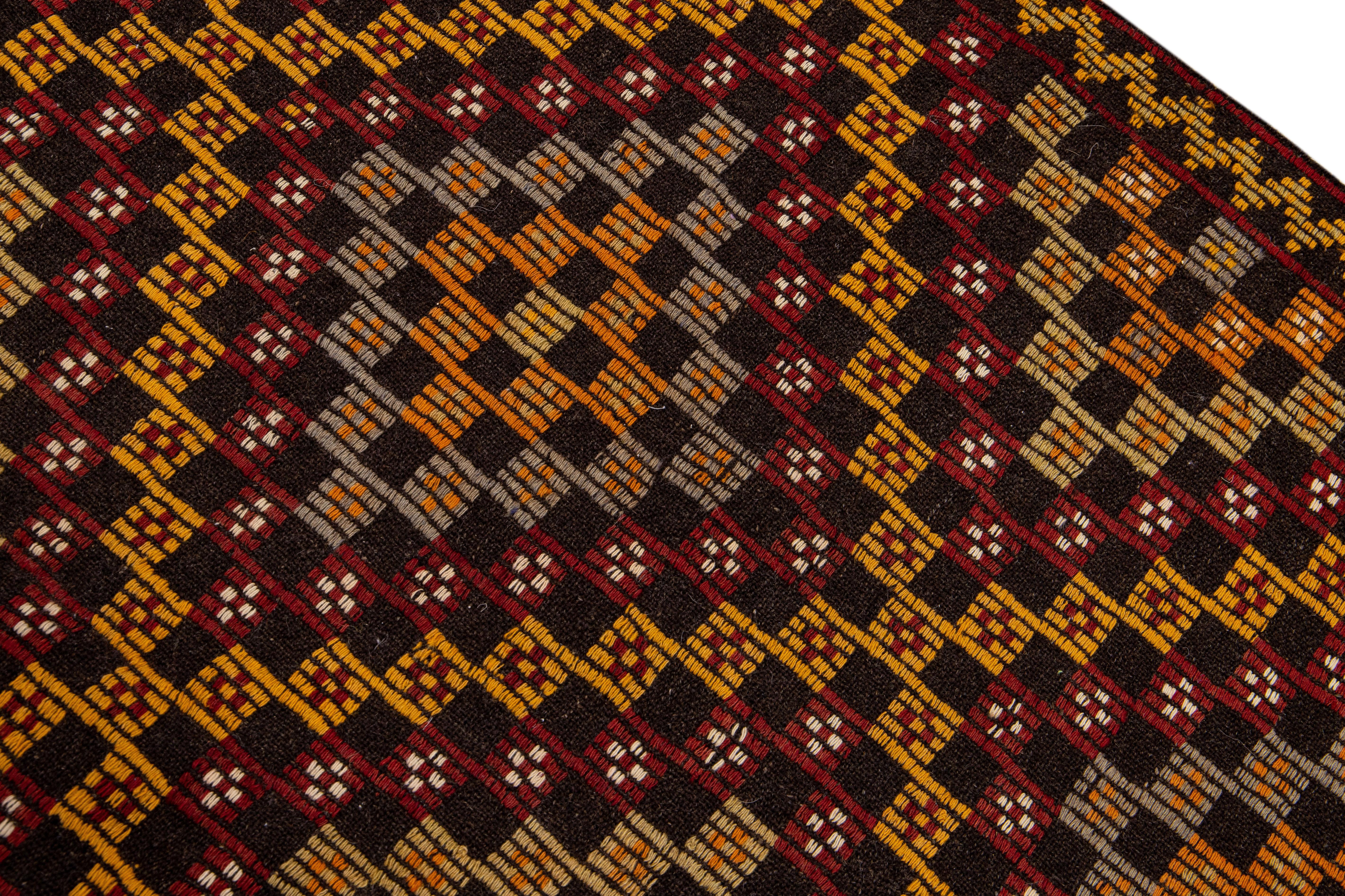 Vintage Soumak Handmade Geometric Designed Brown Wool Rug For Sale 1