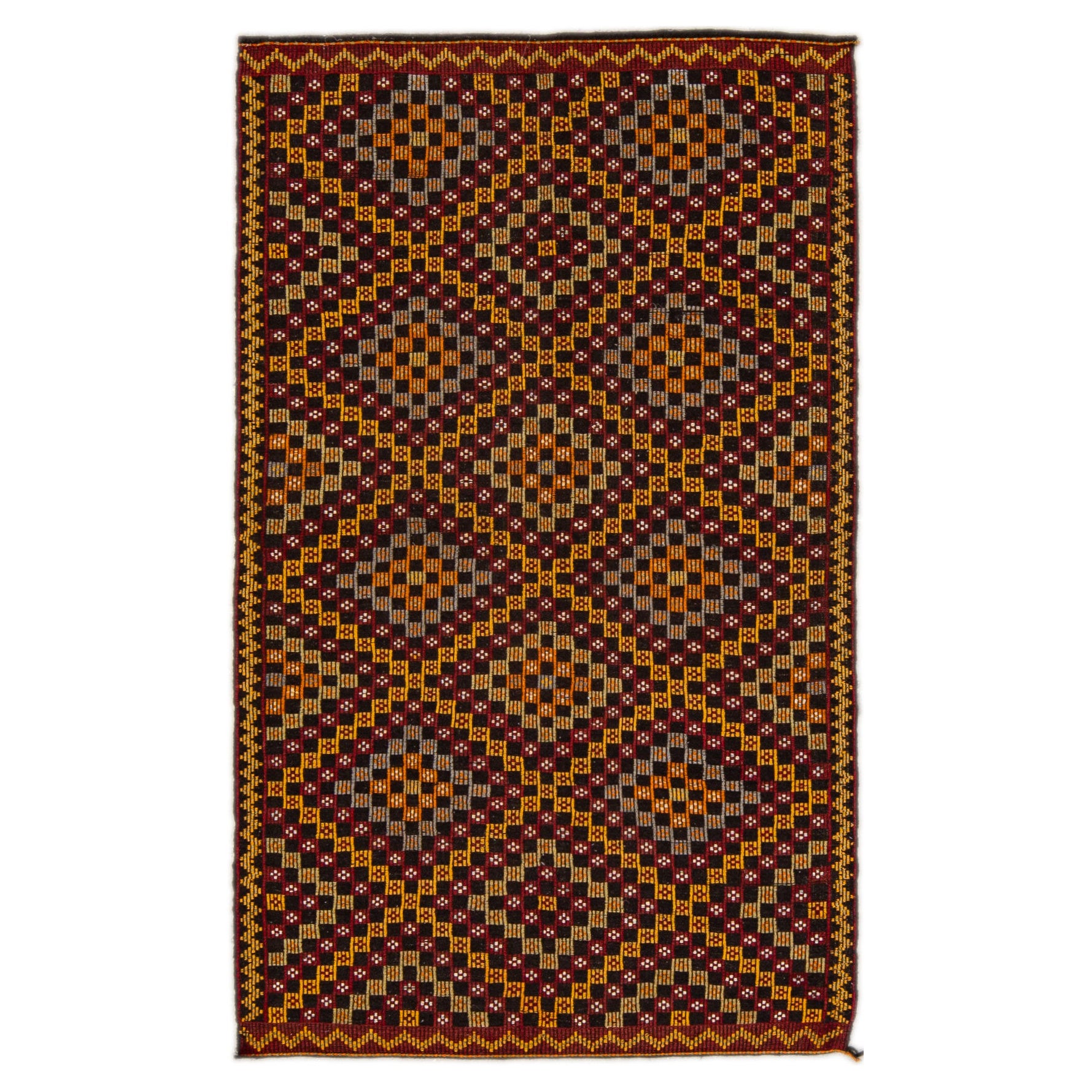 Tappeto vintage Soumak fatto a mano in lana marrone con disegno geometrico