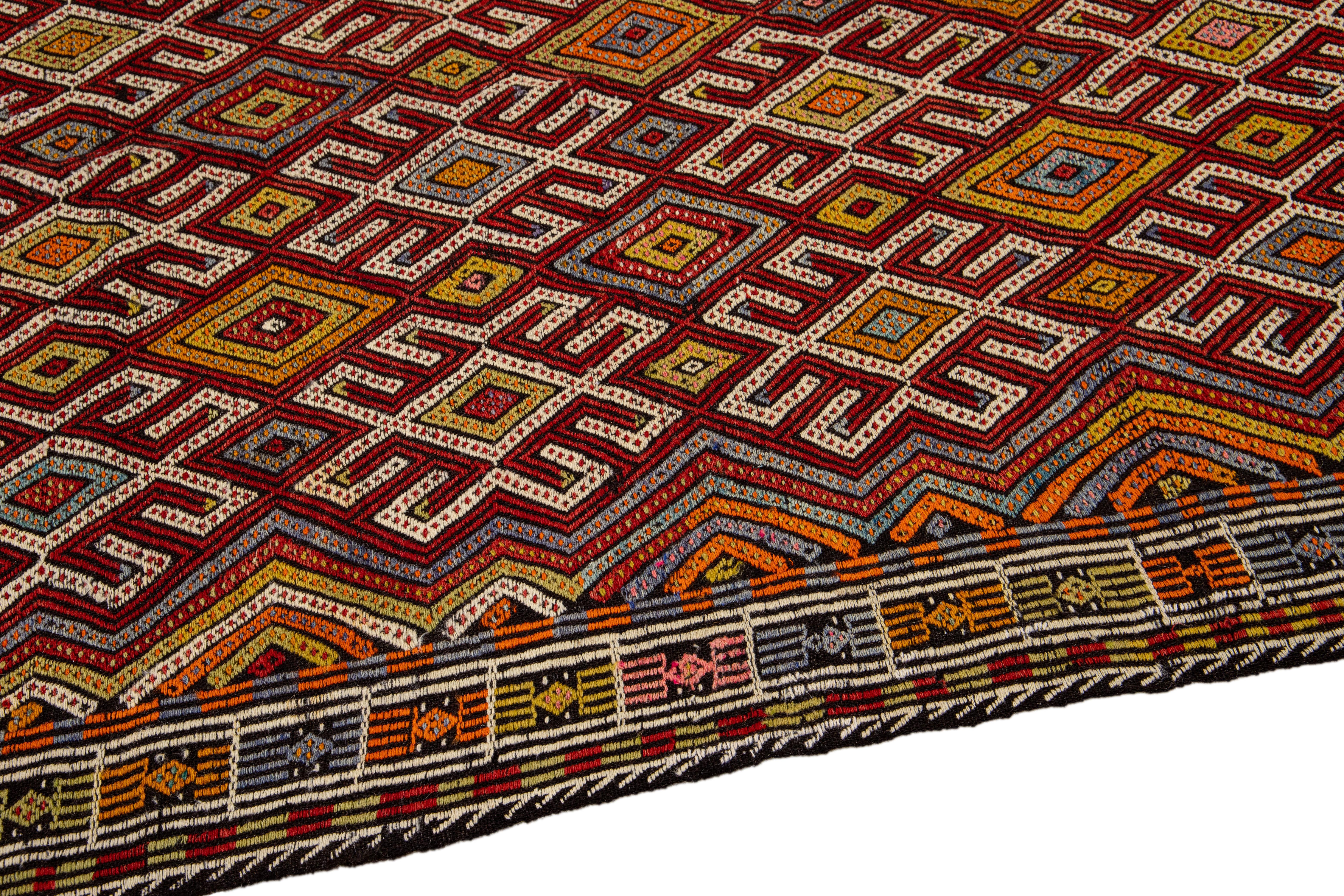 Vintage Soumak Handmade Geometric Designed Multicolor Wool Rug In Excellent Condition For Sale In Norwalk, CT