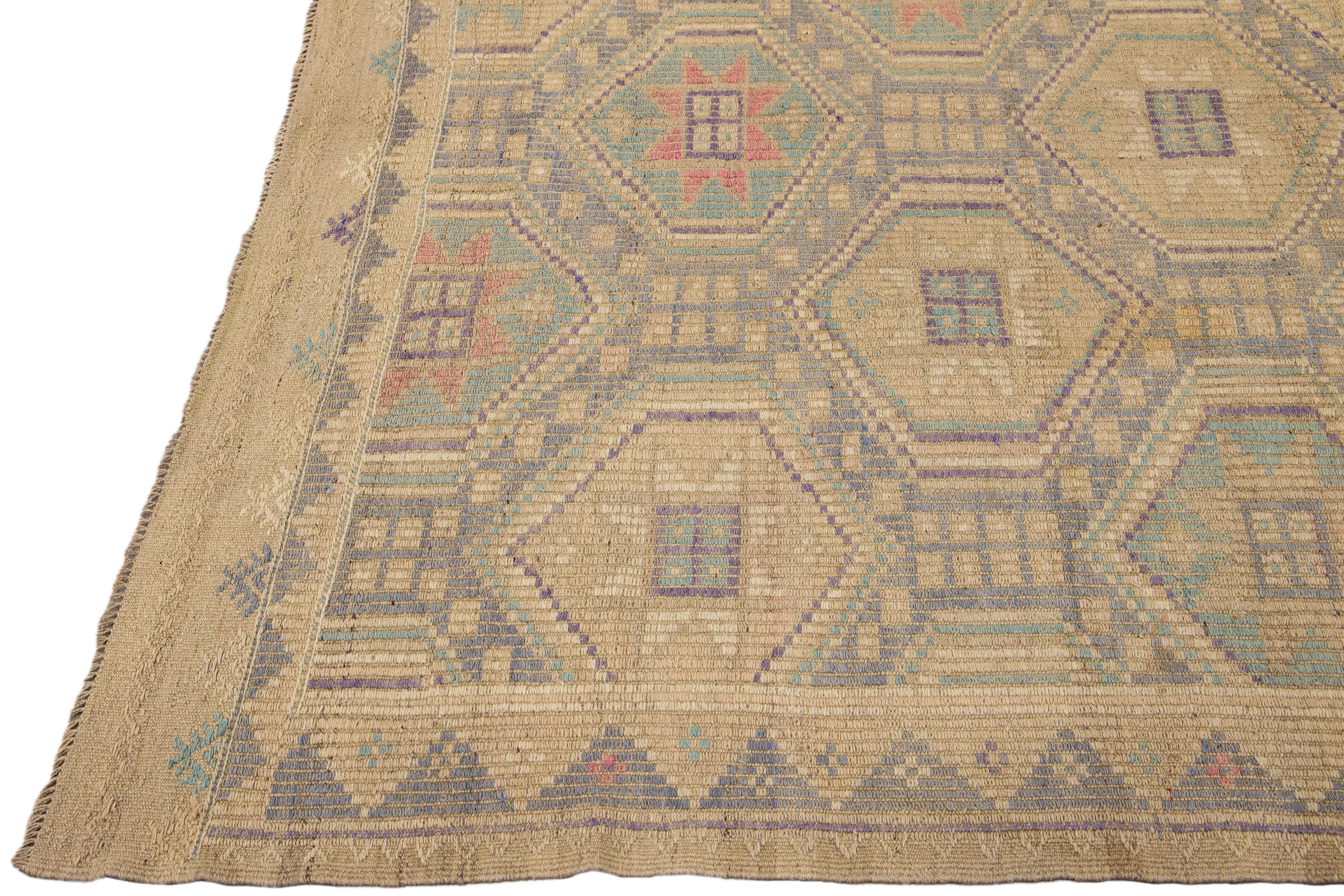 Indian Vintage Soumak Handmade Geometric Designed Tan Wool Rug For Sale