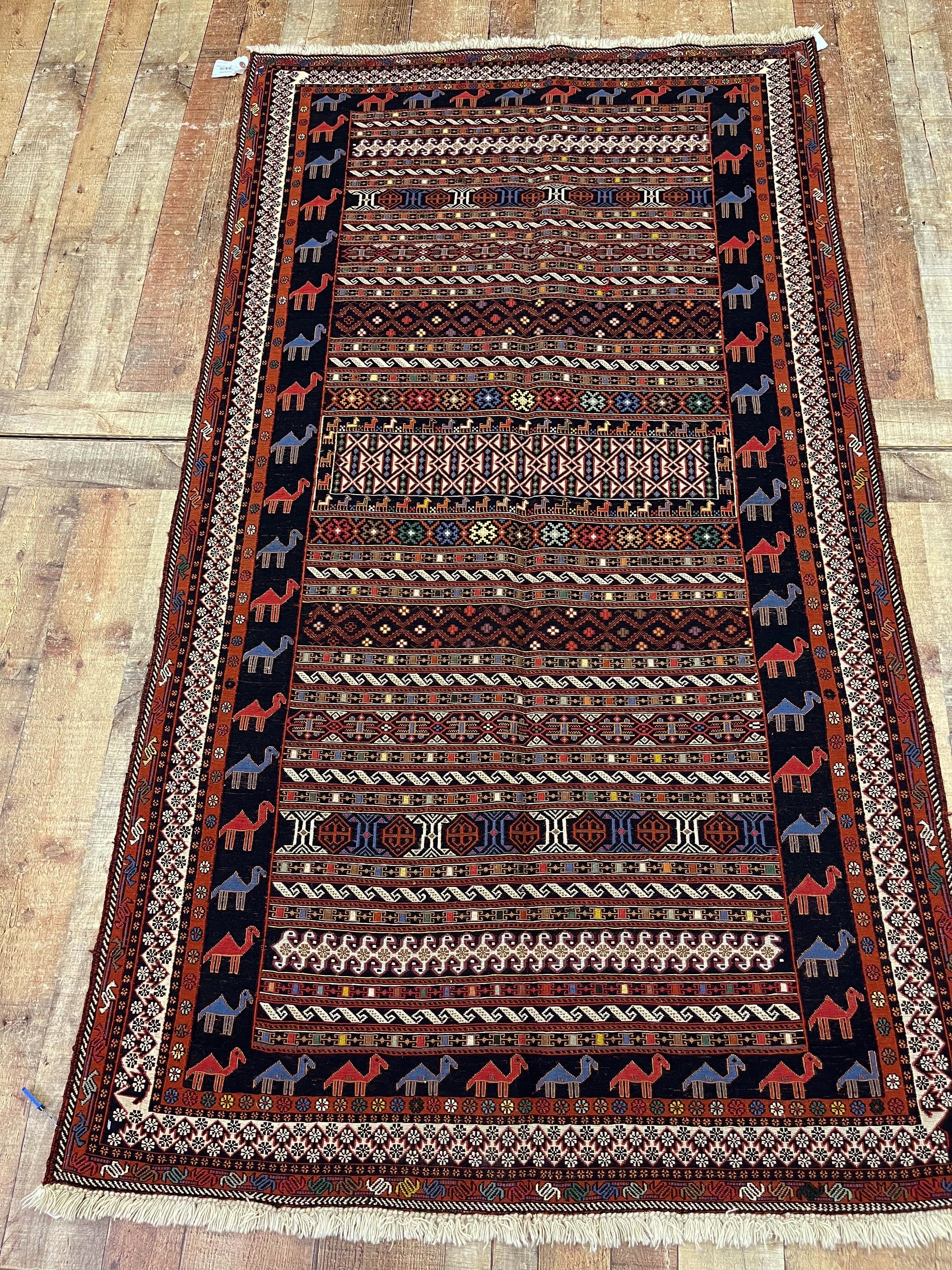 Wool Vintage Soumak Persian Rug with Tribal Style For Sale