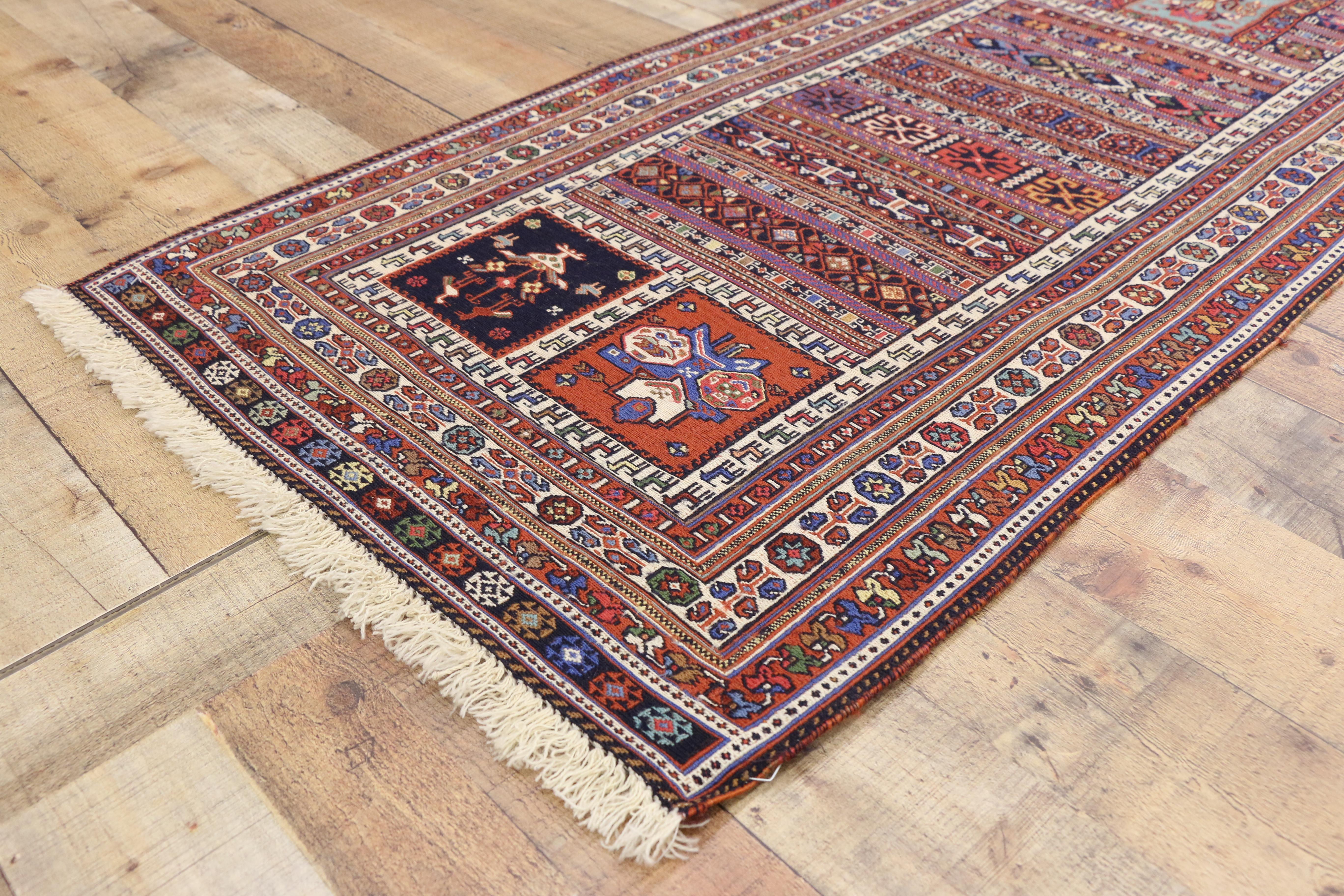 Vintage Soumak Persian Runner with Tribal Style, Flat-Weave Hallway Runner In Good Condition In Dallas, TX