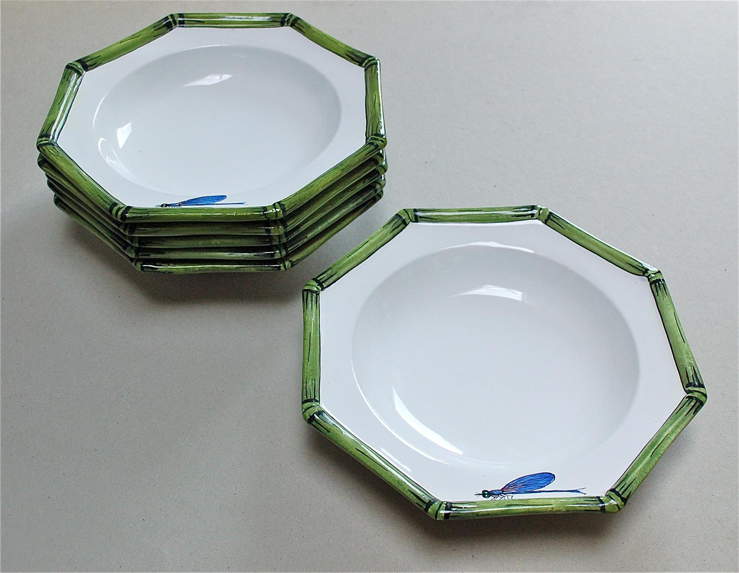 Set of six vintage hand painted Italian pottery soup plates by COSTA with bamboo and dragonfly decoration. Each plate is octagonal in shape. The edge or rim is decorated with a green, hand painted, slightly raised bamboo motif. A hand painted blue