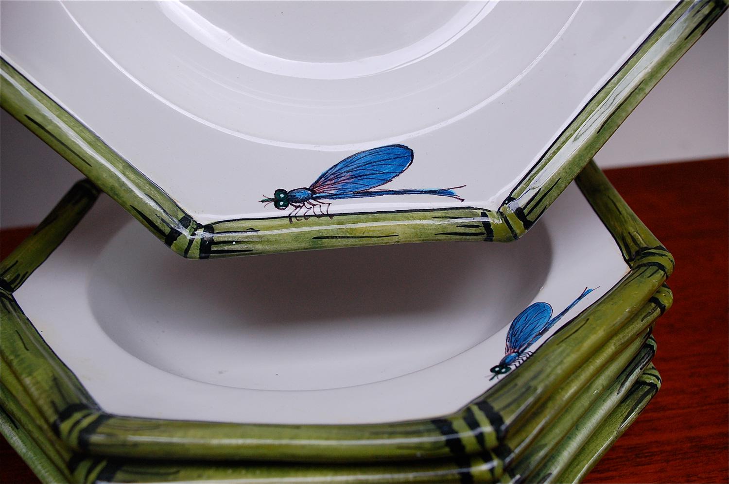 Italian Vintage Soup Plates by COSTA with Bamboo and Dragonfly Decoration, 1970s, Italy For Sale