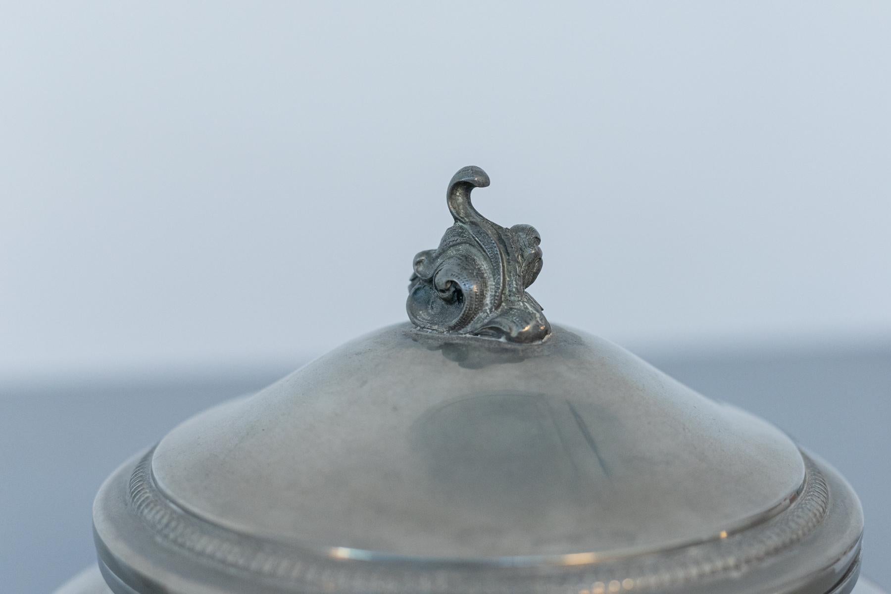 Splendid silver metal tureen made in the 30's of fine Italian manufacture.
The tureen has very sinuous and soft shapes and it is entirely made of silver plated metal.
The vintage tureen features a lid with a culminating sleeve, and is laterally