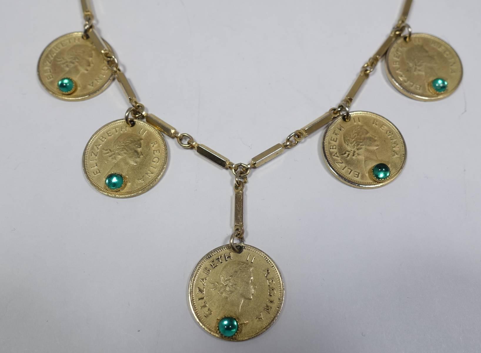 Vintage South African Faux Coins Necklace & Earrings In Excellent Condition In New York, NY