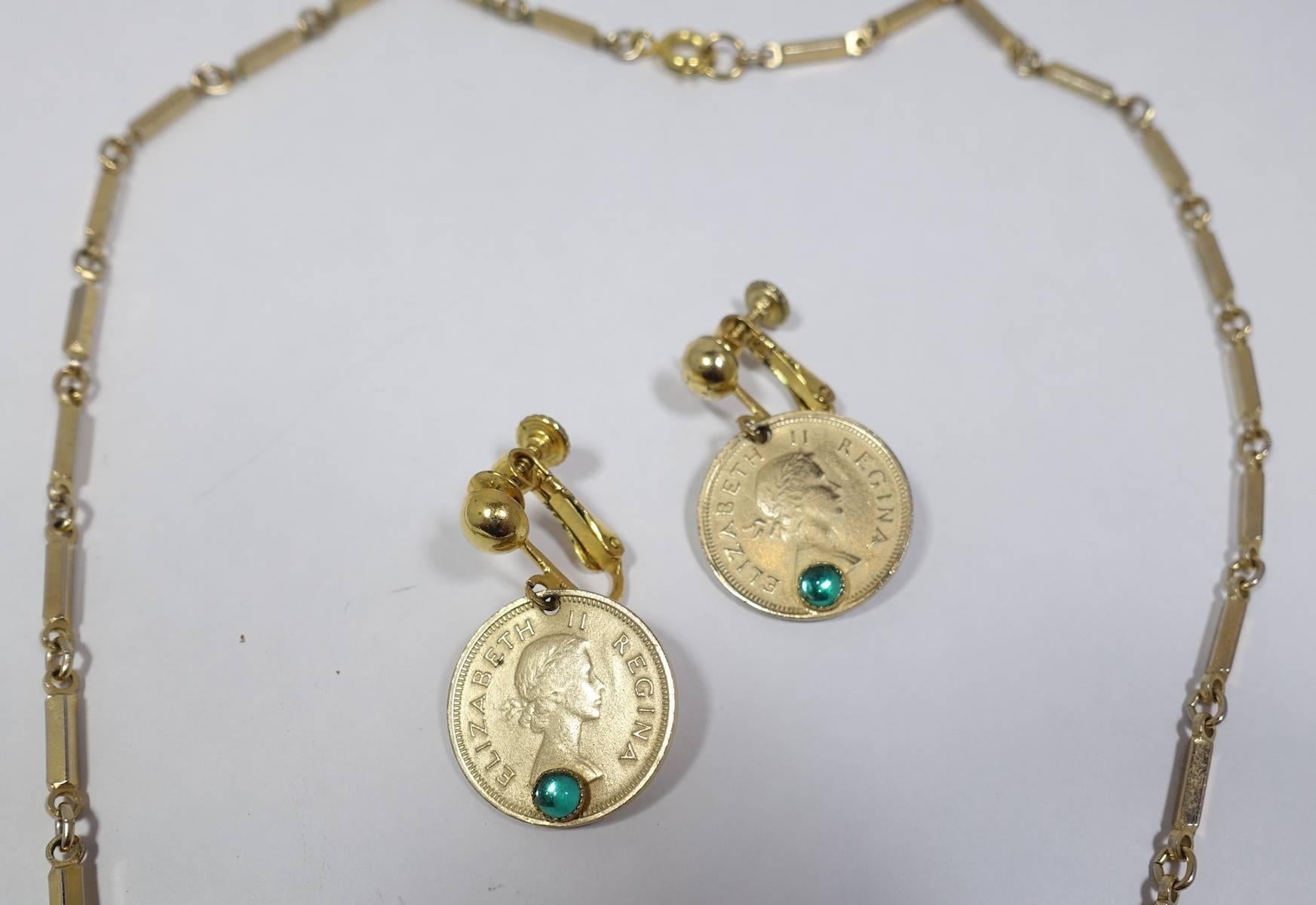 Women's or Men's Vintage South African Faux Coins Necklace & Earrings