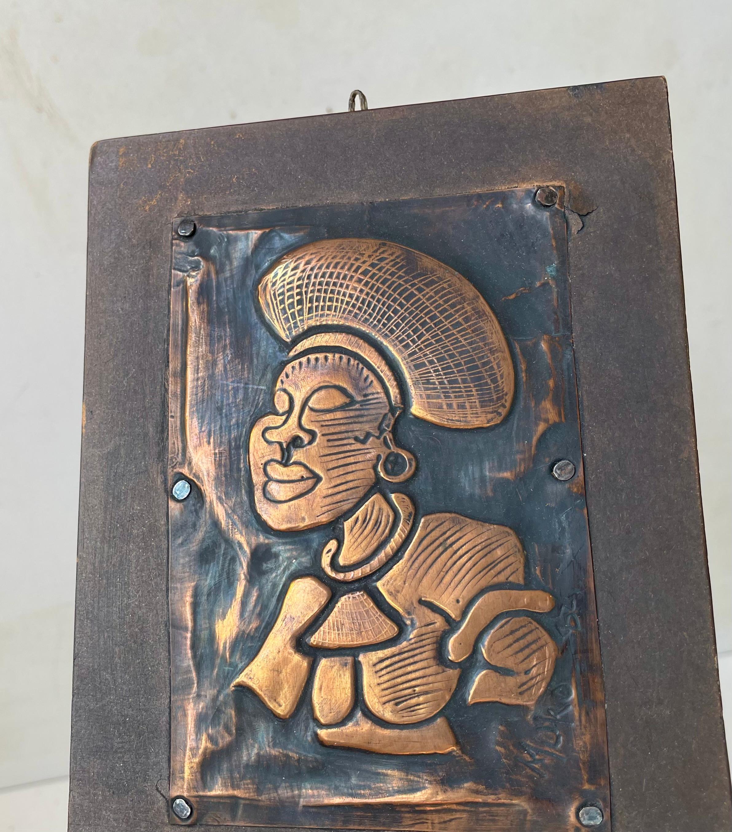 Modern Vintage South African Wall Plaque in Embossed Copper, Signed Muko 82 For Sale