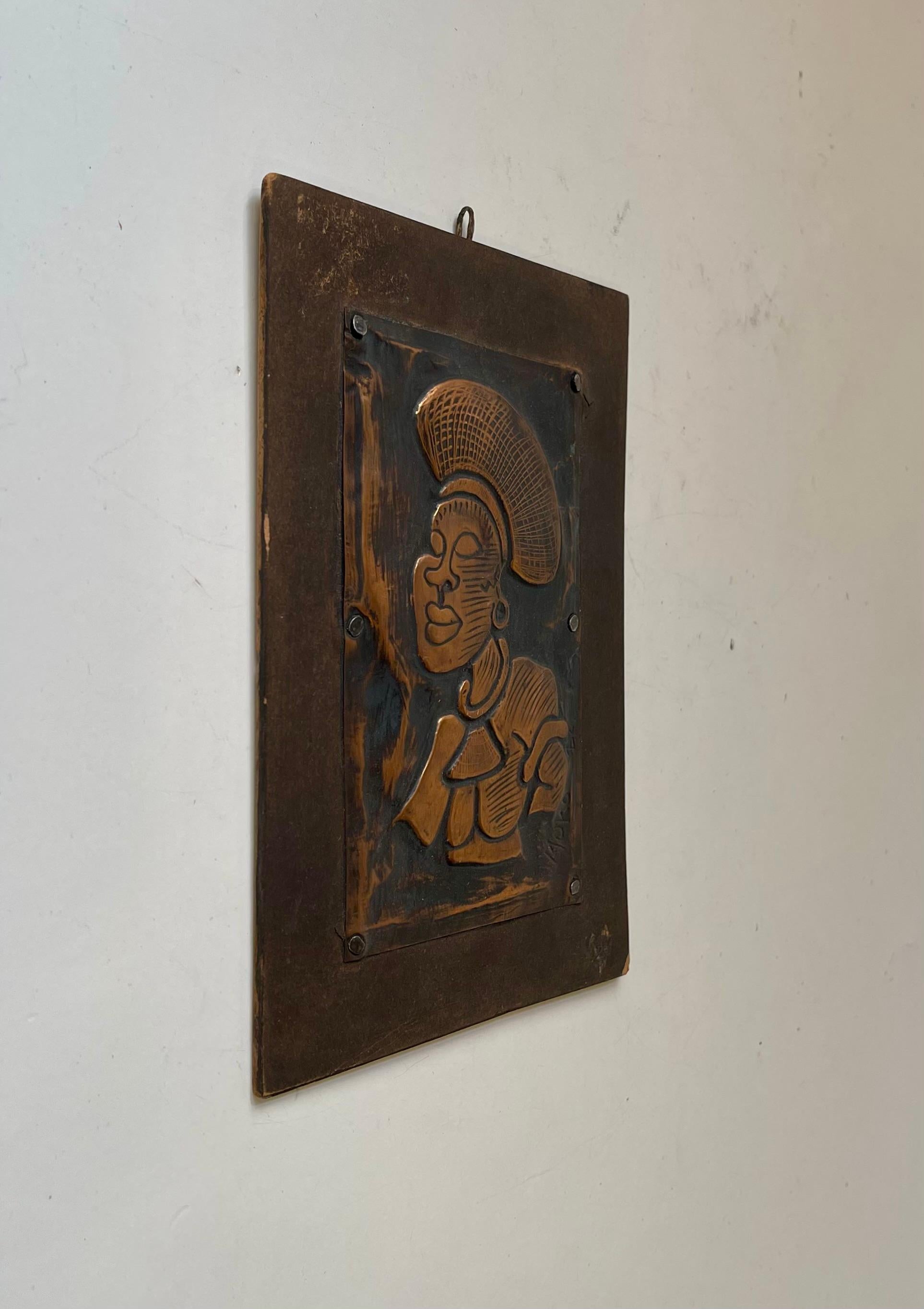 Vintage South African Wall Plaque in Embossed Copper, Signed Muko 82 For Sale 1