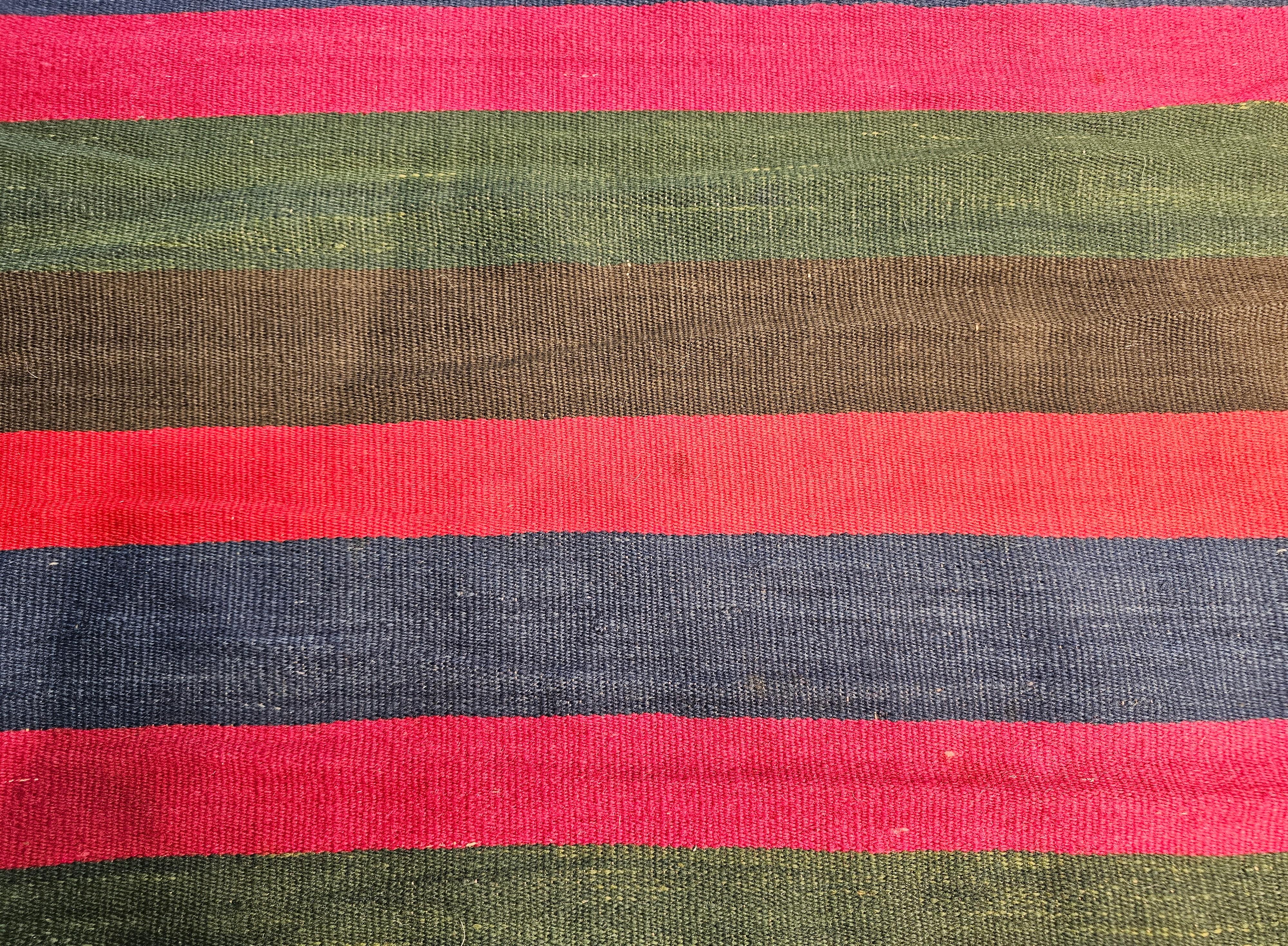 Vintage South American Hand-woven Kilim in Stripe Pattern in Magenta, Blue, Red For Sale 3
