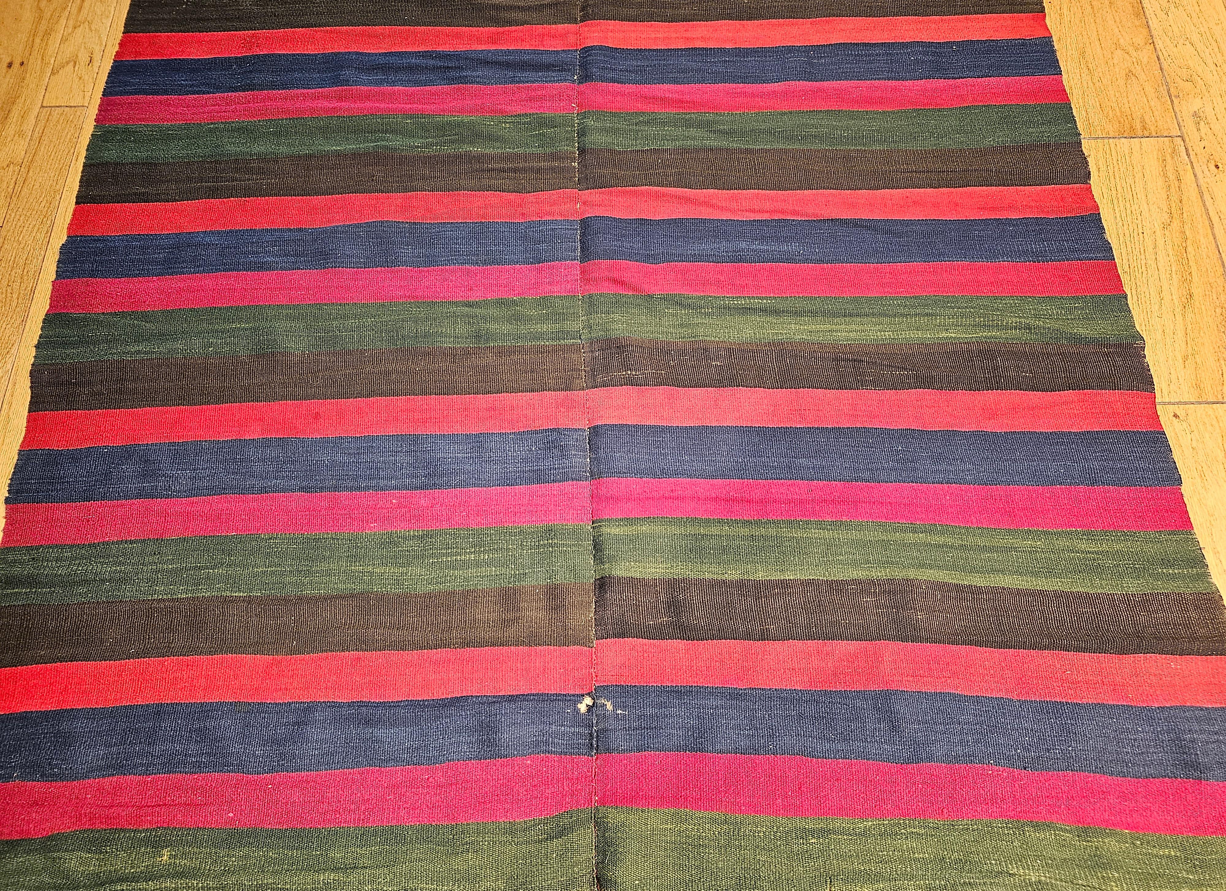 Peruvian Vintage South American Hand-woven Kilim in Stripe Pattern in Magenta, Blue, Red For Sale
