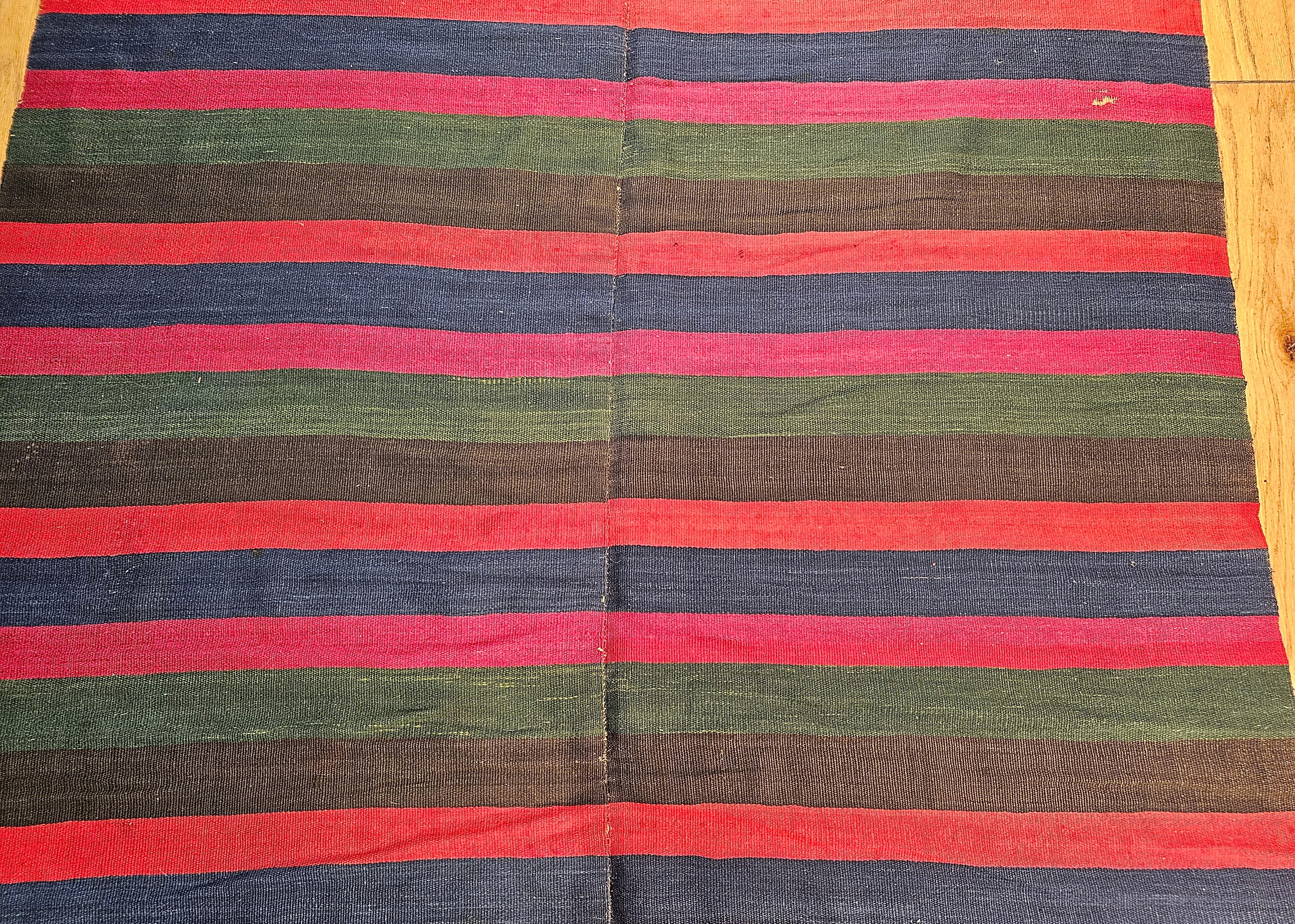Vegetable Dyed Vintage South American Hand-woven Kilim in Stripe Pattern in Magenta, Blue, Red For Sale
