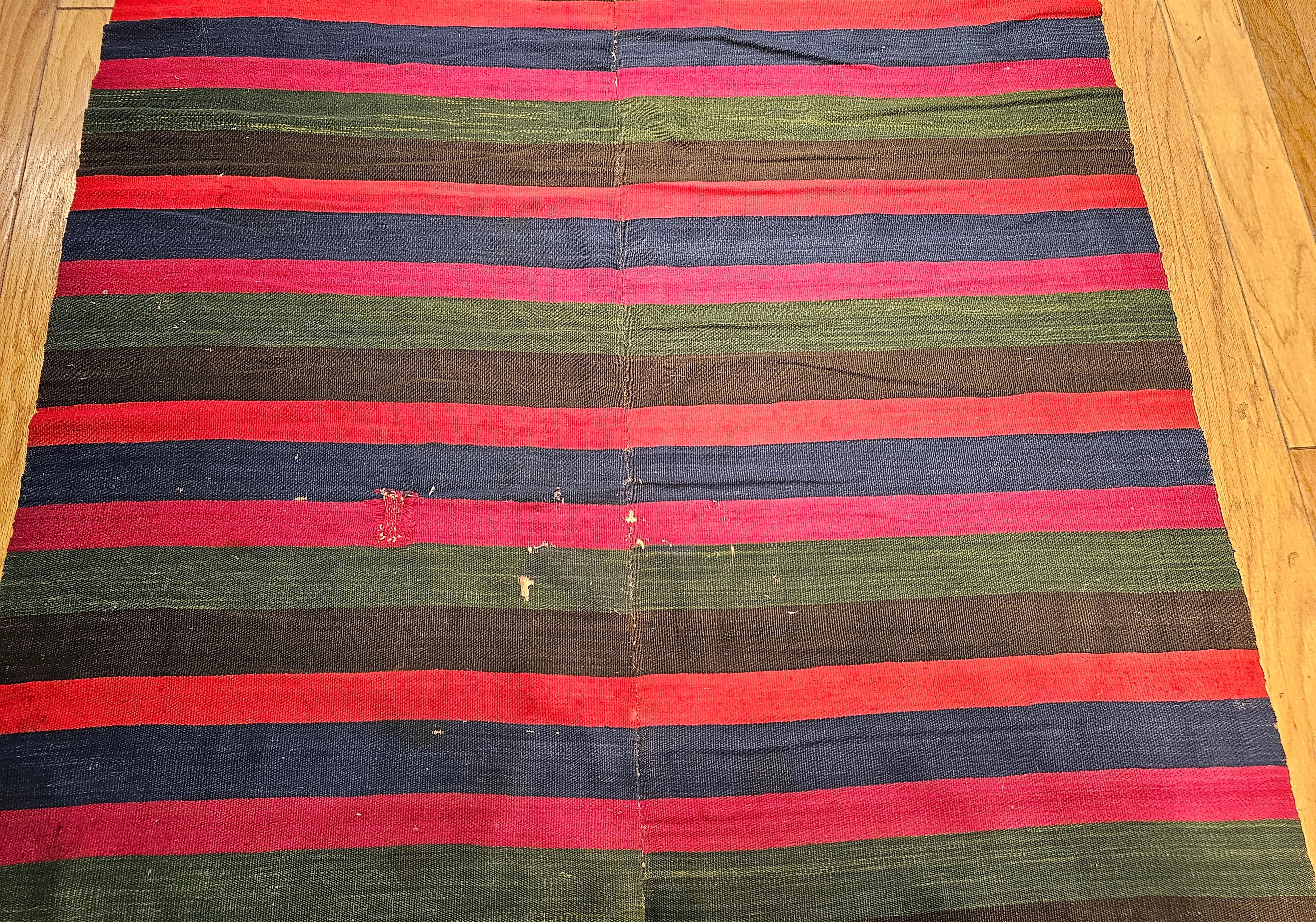 Vintage South American Hand-woven Kilim in Stripe Pattern in Magenta, Blue, Red In Good Condition For Sale In Barrington, IL