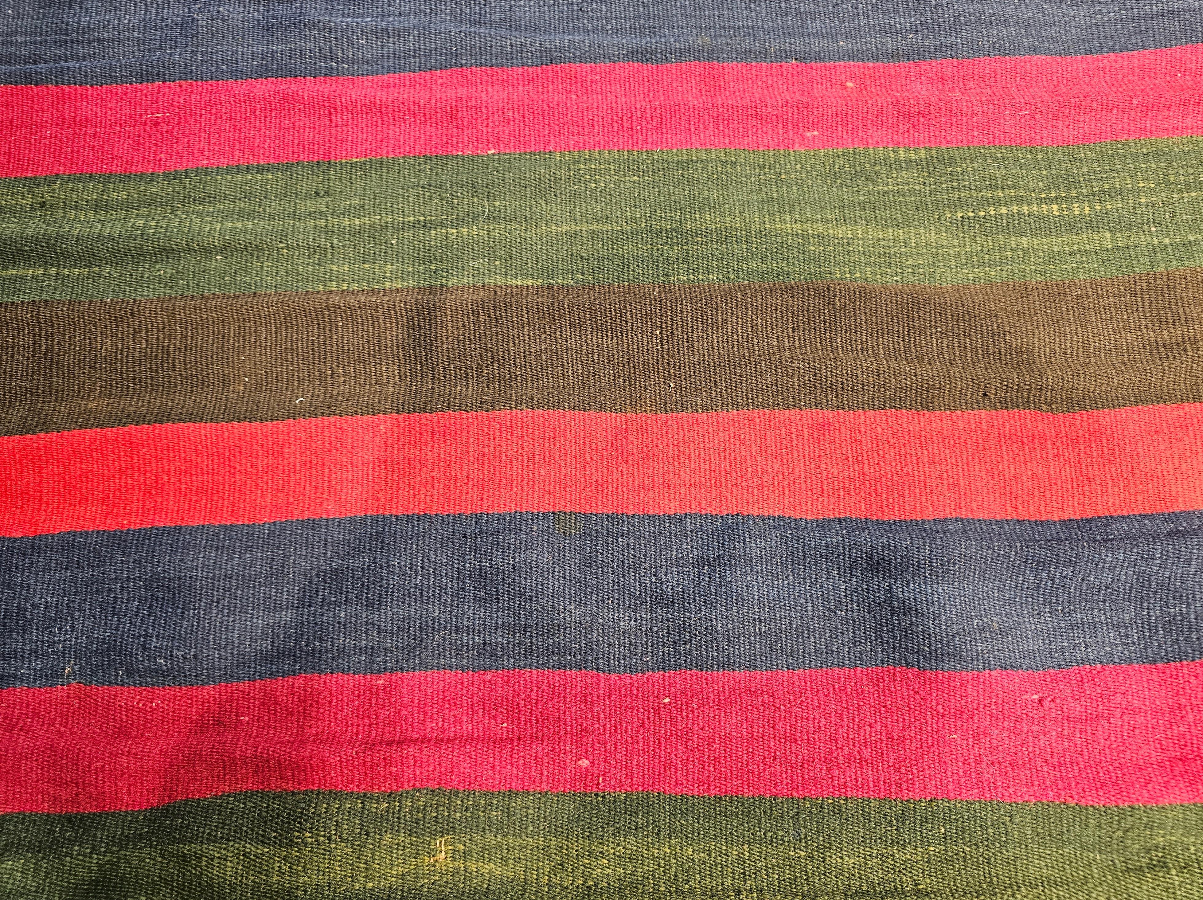 Vintage South American Hand-woven Kilim in Stripe Pattern in Magenta, Blue, Red For Sale 2