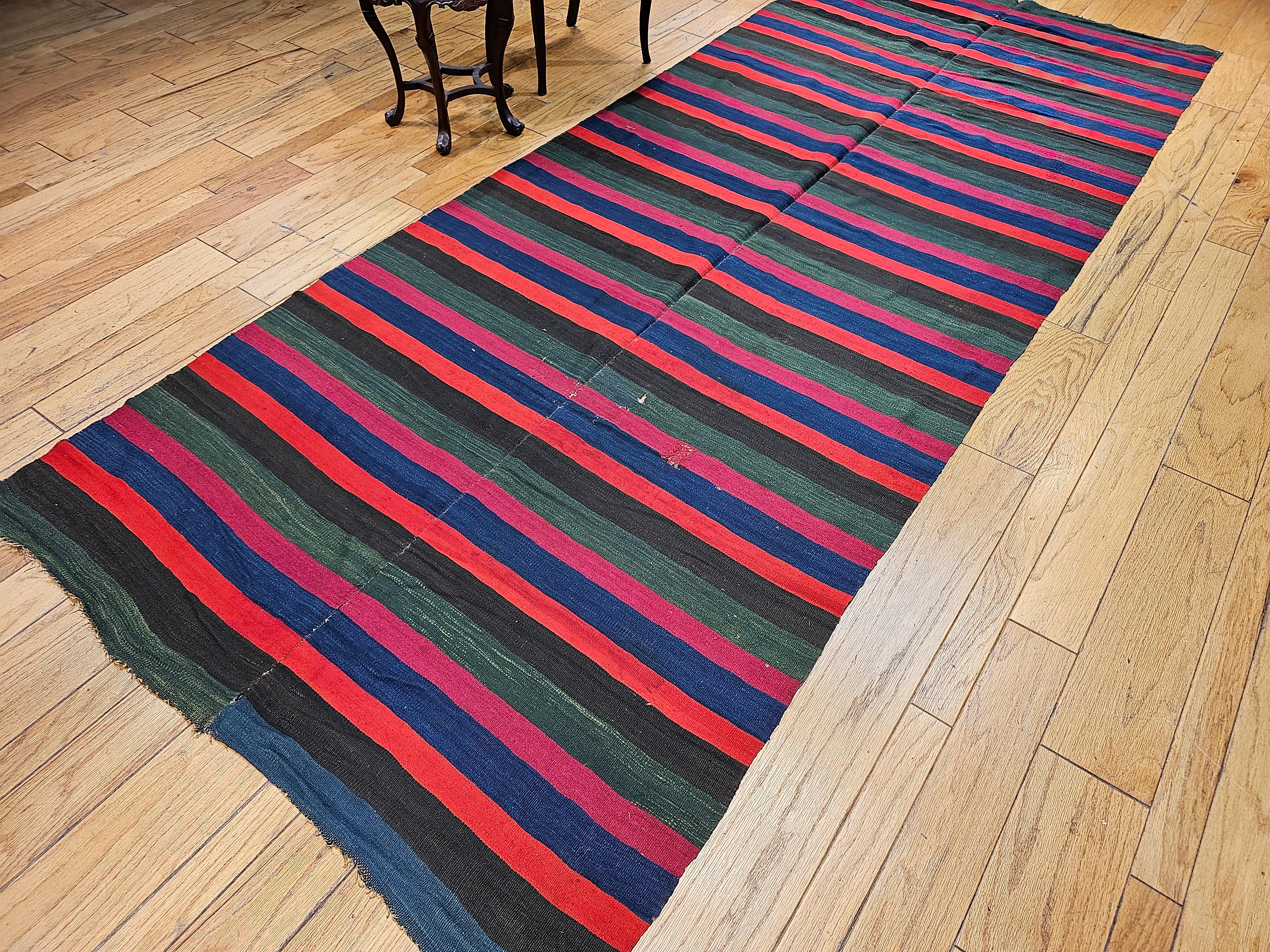 Vintage South American Hand-woven Kilim in Stripe Pattern in Magenta, Blue, Red For Sale 8