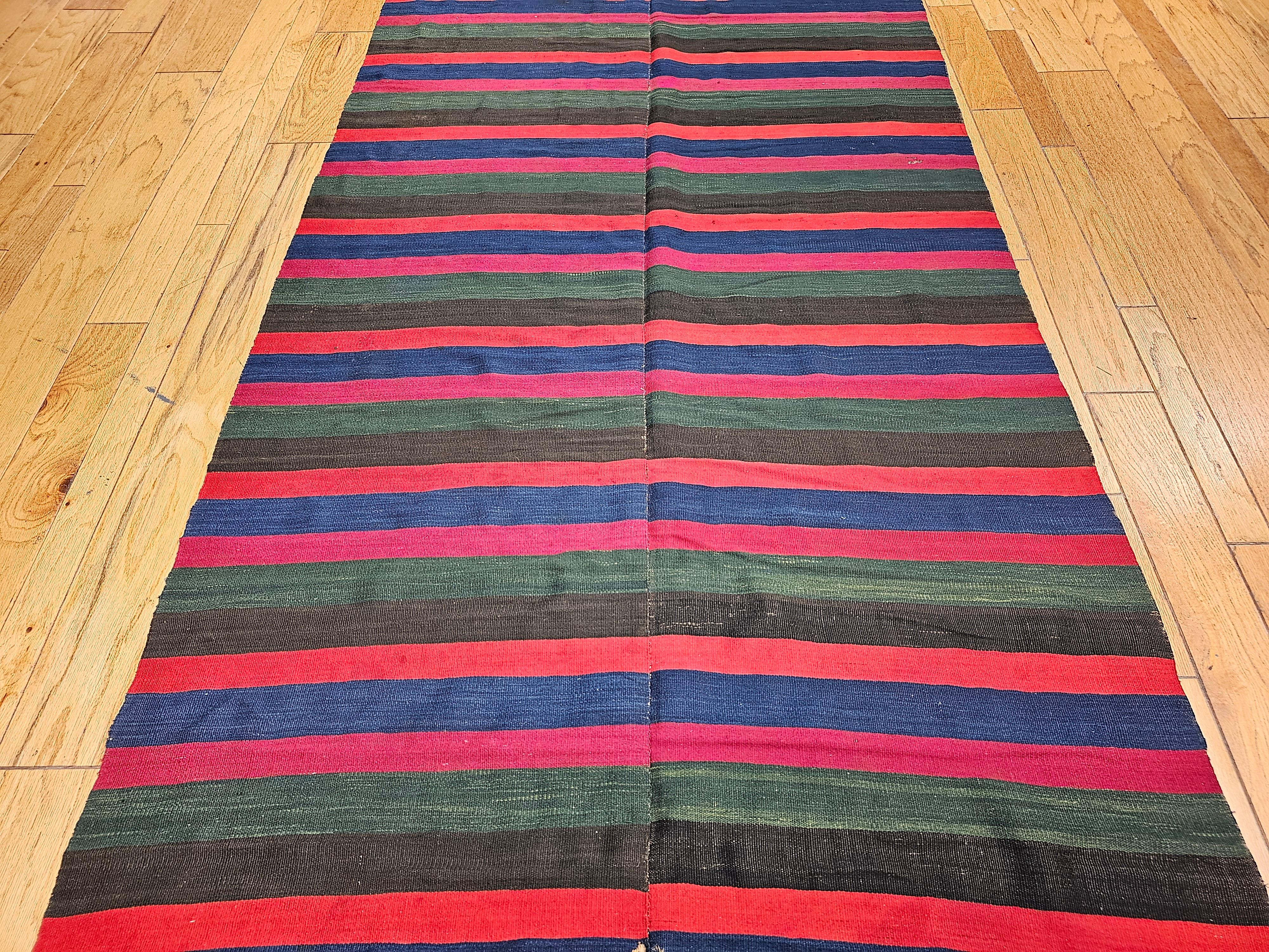 Vintage South American Hand-woven Kilim in Stripe Pattern in Magenta, Blue, Red For Sale 9