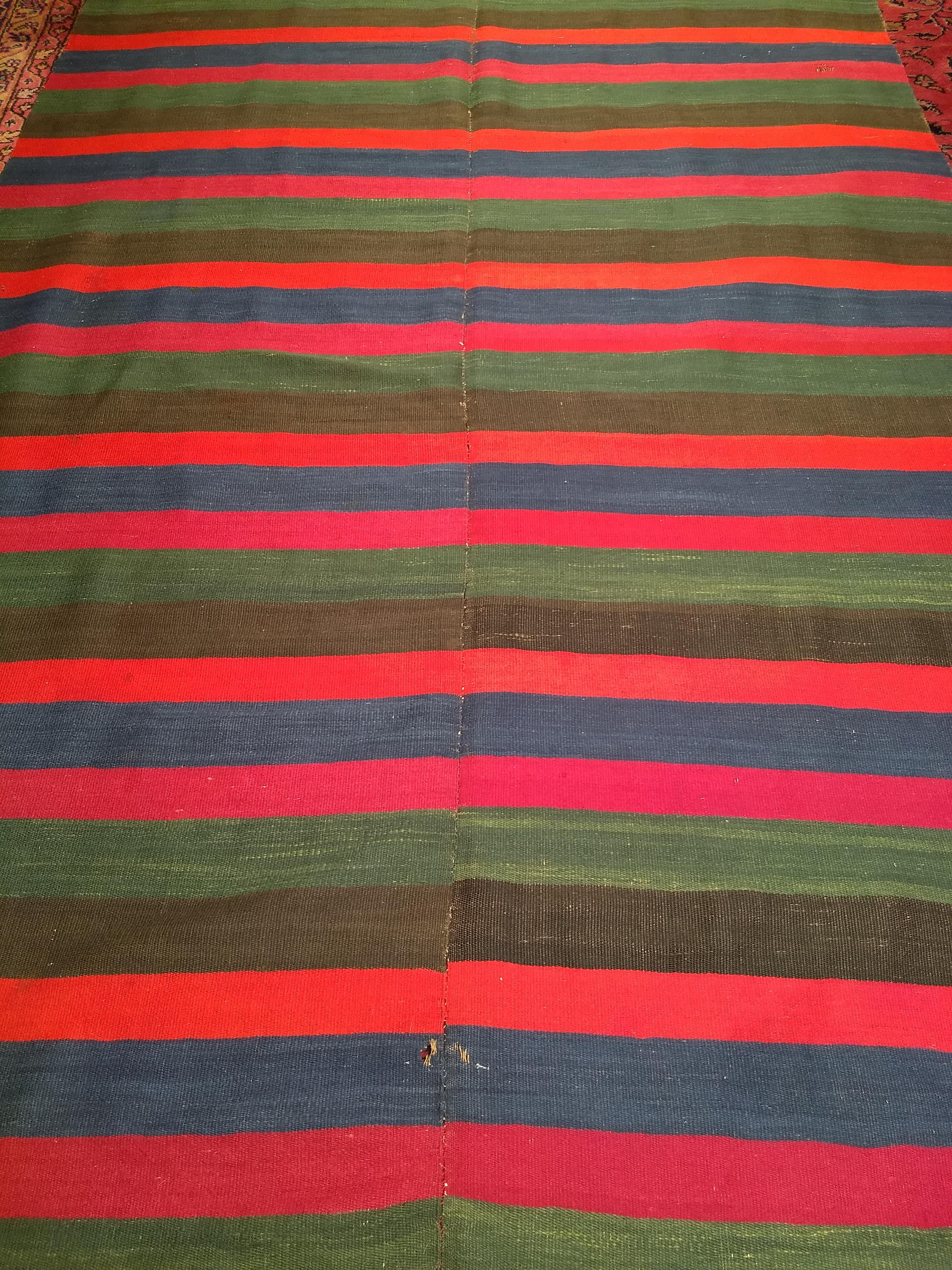 Wool Vintage South American Hand-woven Kilim in Stripe Pattern in Magenta, Blue, Red For Sale