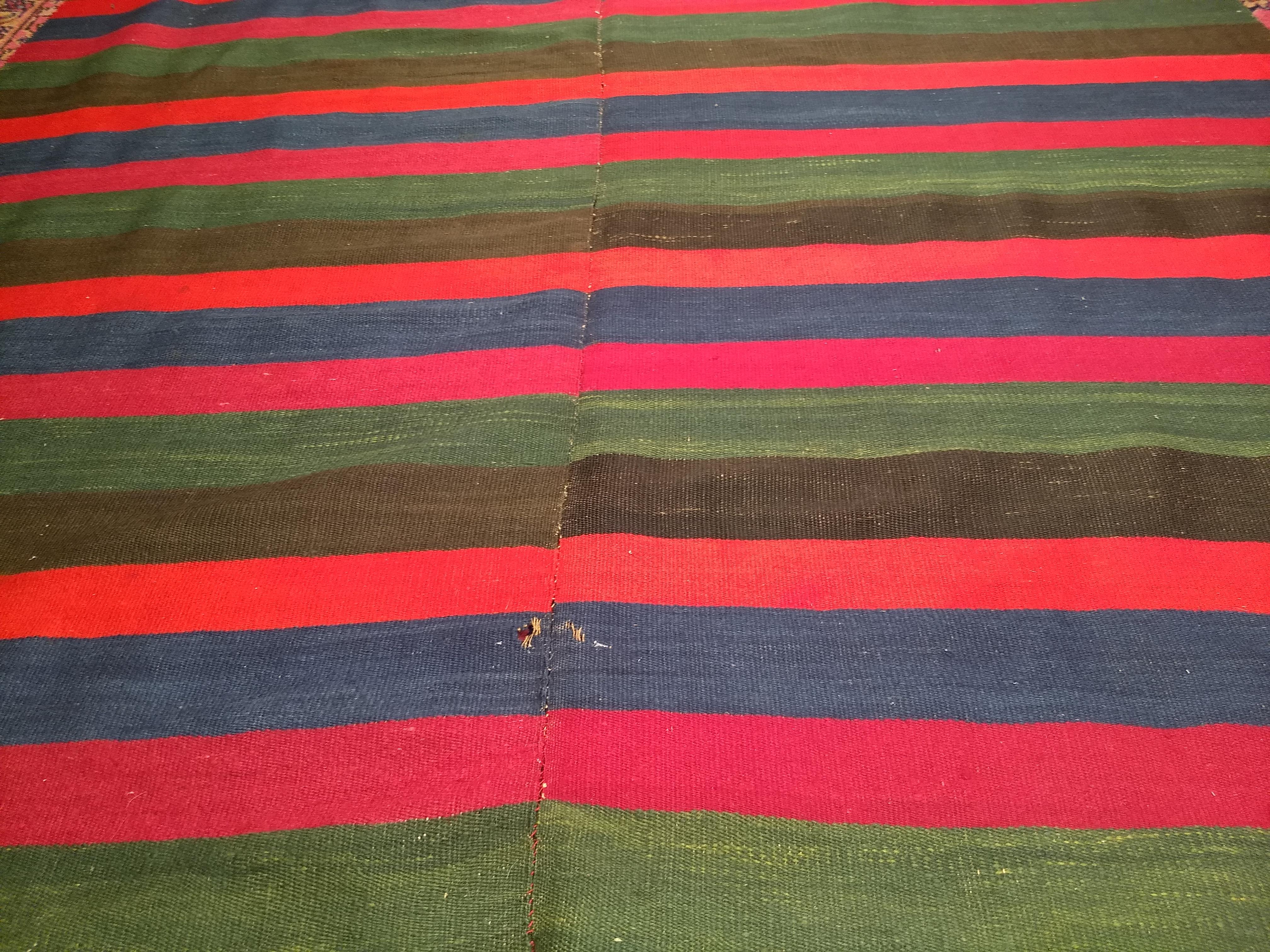 Vintage South American Hand-woven Kilim in Stripe Pattern in Magenta, Blue, Red For Sale 1