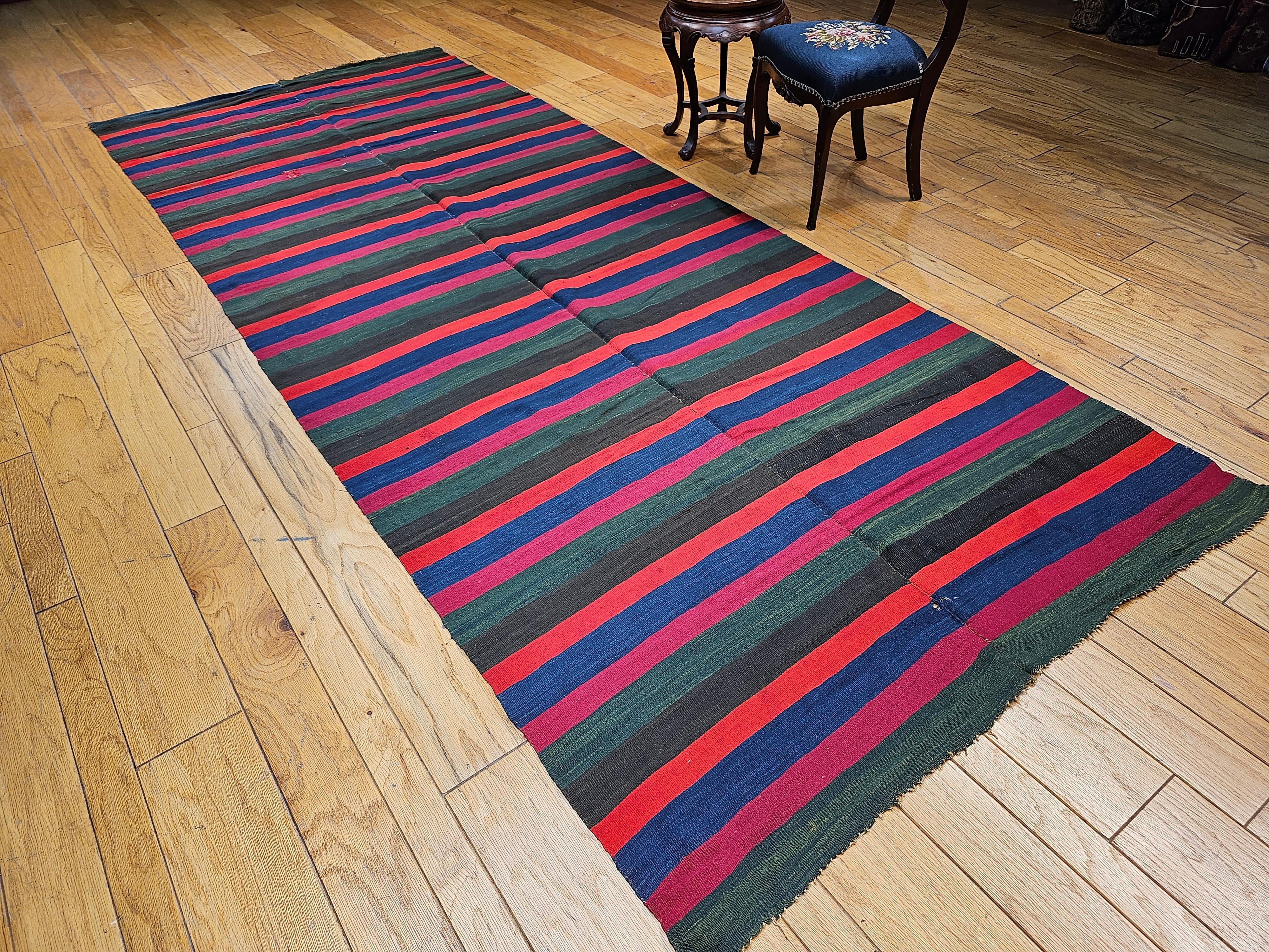 Vintage South American Hand-woven Kilim in Stripe Pattern in Magenta, Blue, Red For Sale 4