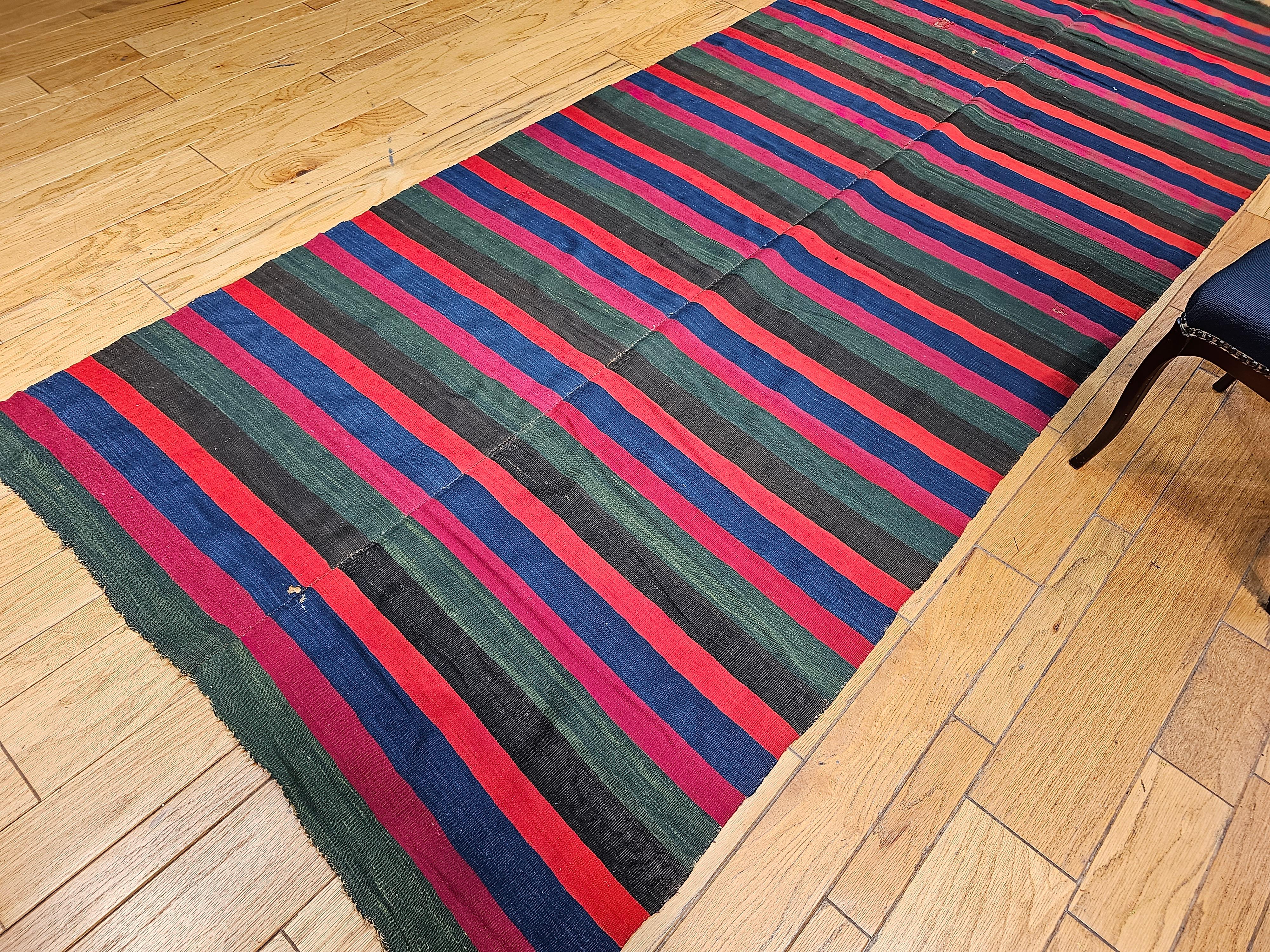 Vintage South American Hand-woven Kilim in Stripe Pattern in Magenta, Blue, Red For Sale 5