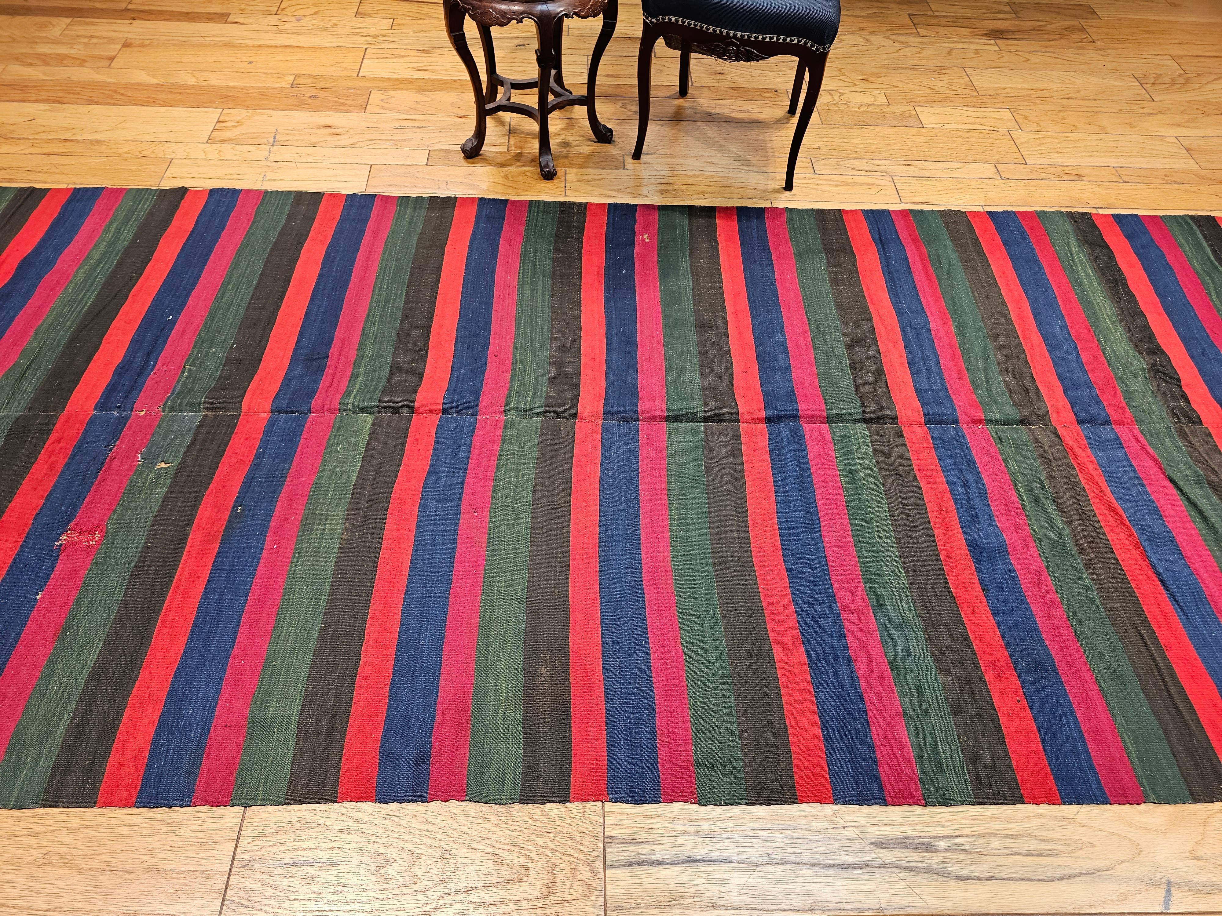 Vintage South American Hand-woven Kilim in Stripe Pattern in Magenta, Blue, Red For Sale 6