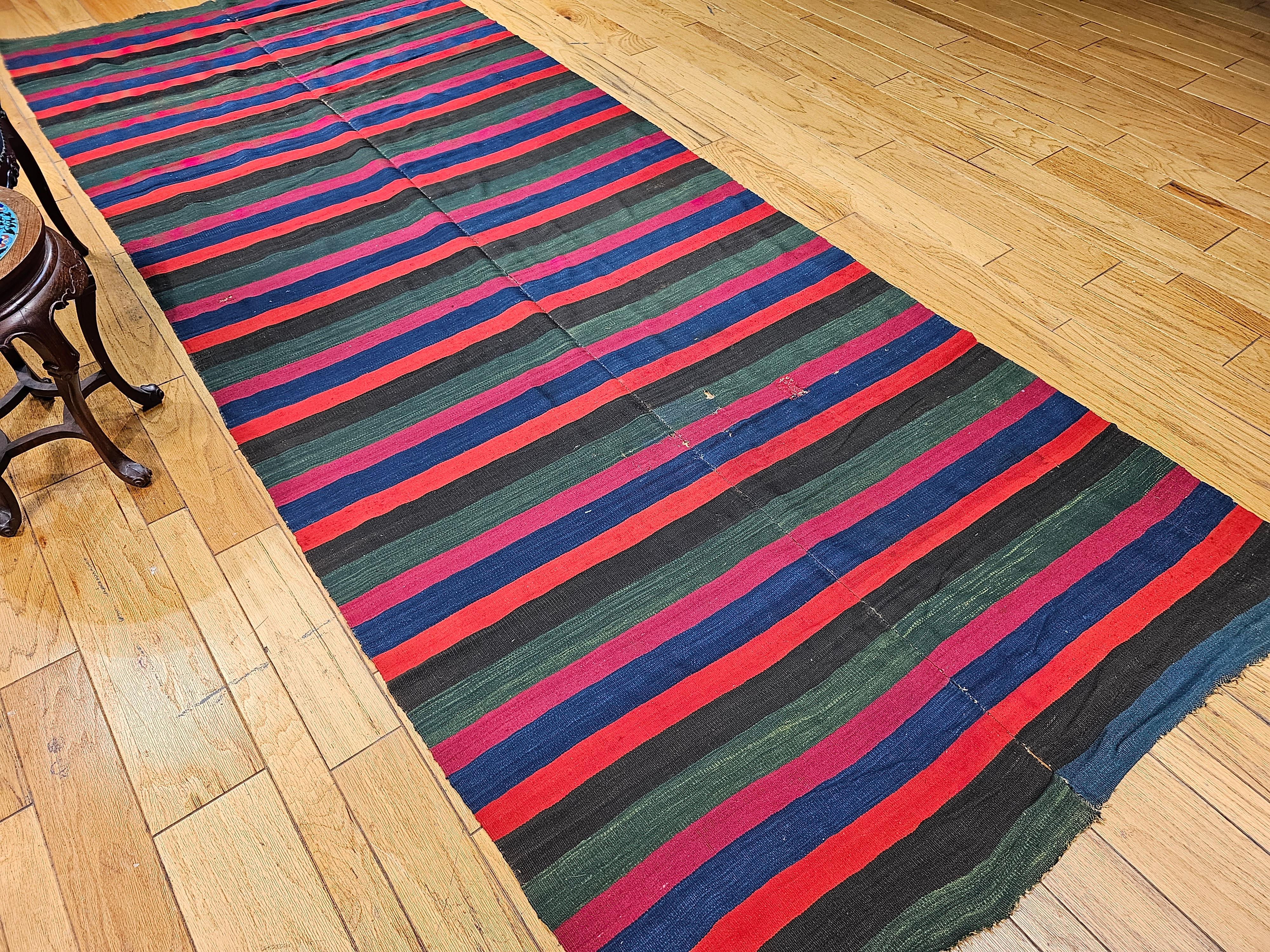 Vintage South American Hand-woven Kilim in Stripe Pattern in Magenta, Blue, Red For Sale 7