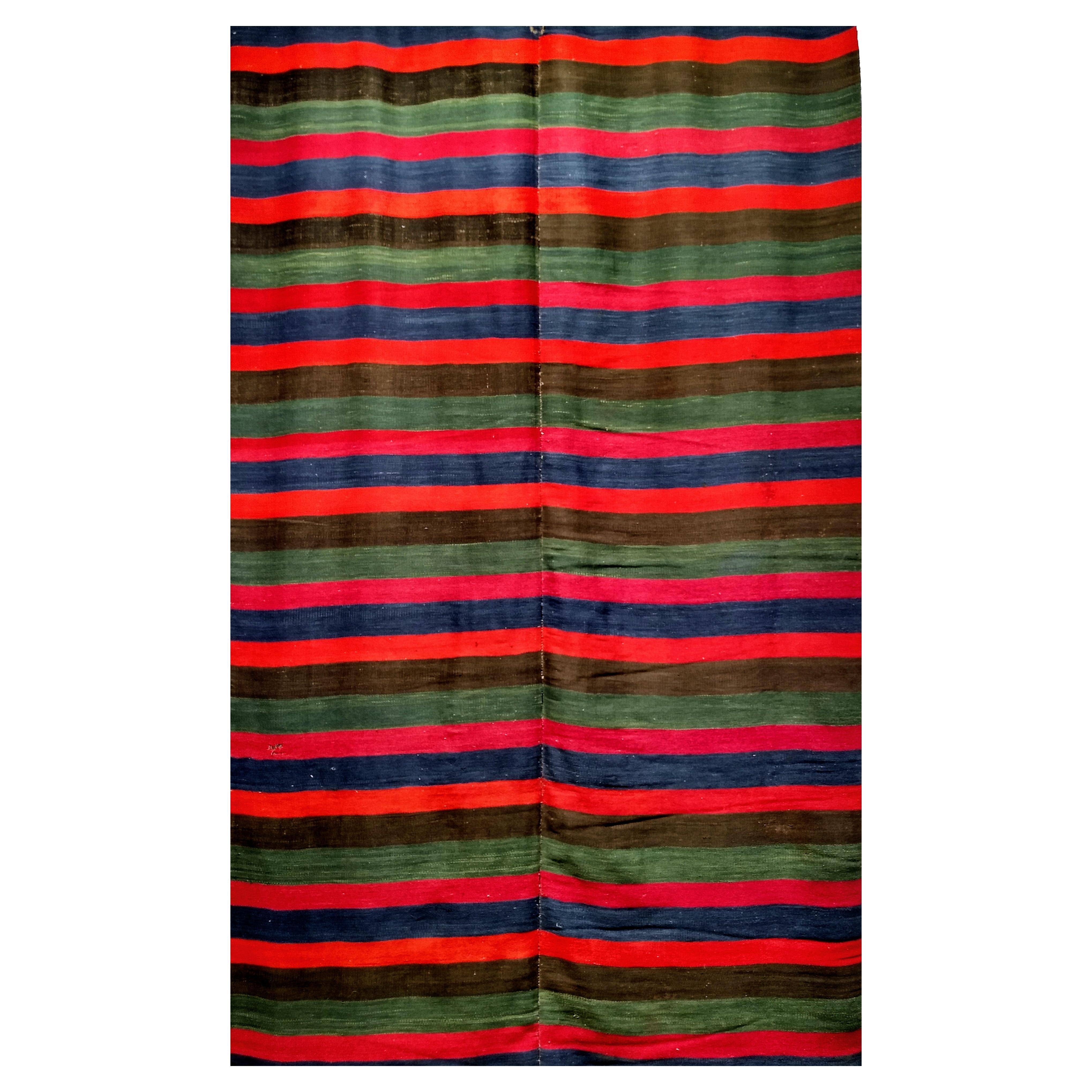 Vintage South American Hand-woven Kilim in Stripe Pattern in Magenta, Blue, Red For Sale
