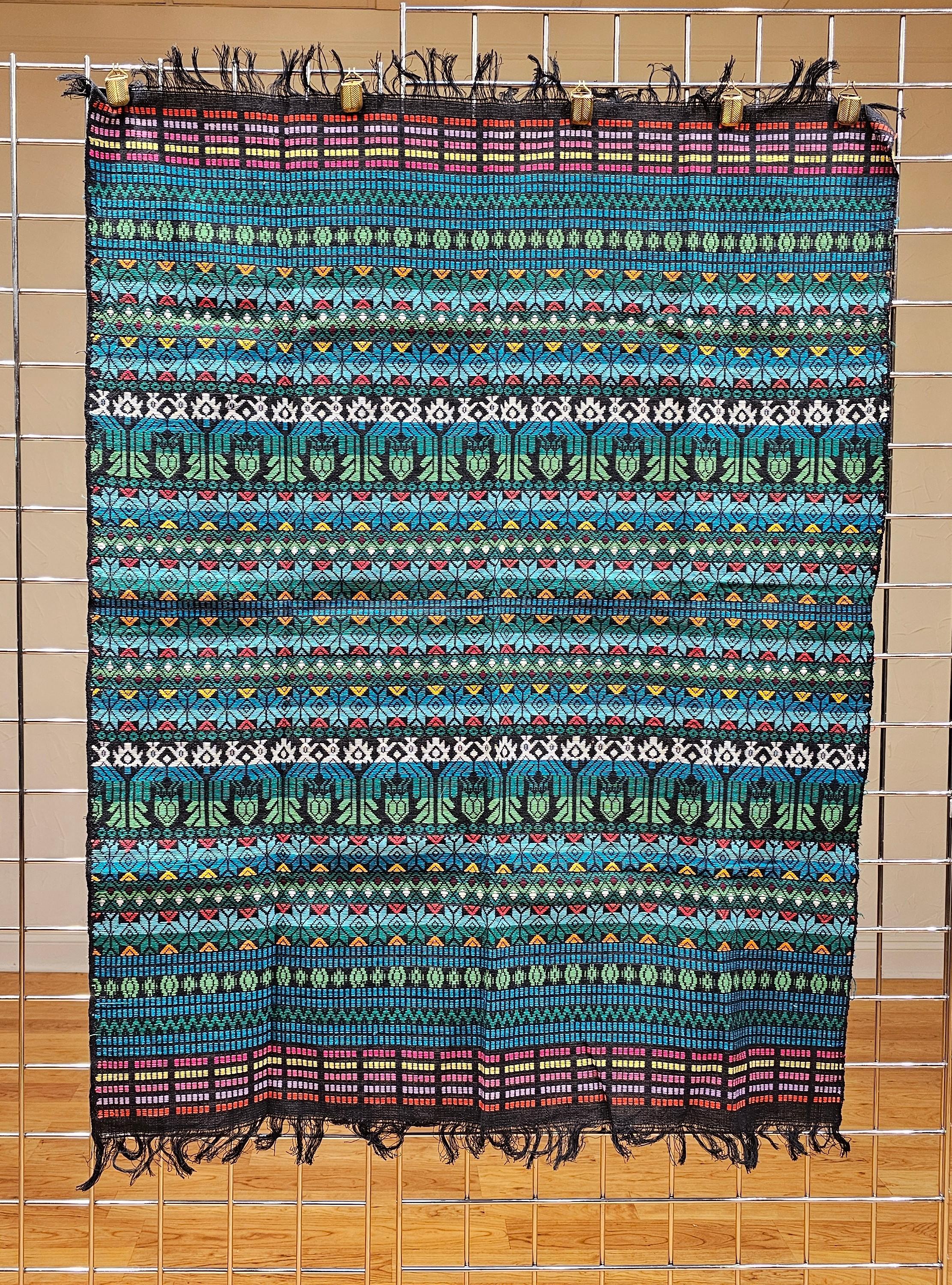 Vintage Hand-Woven South American textile panel in banded stripes pattern with brilliant stripes in colors of Blue, red, green, black, orange and magenta. The textile has an extremely fine weave and a very high quality handspun wool that was hand