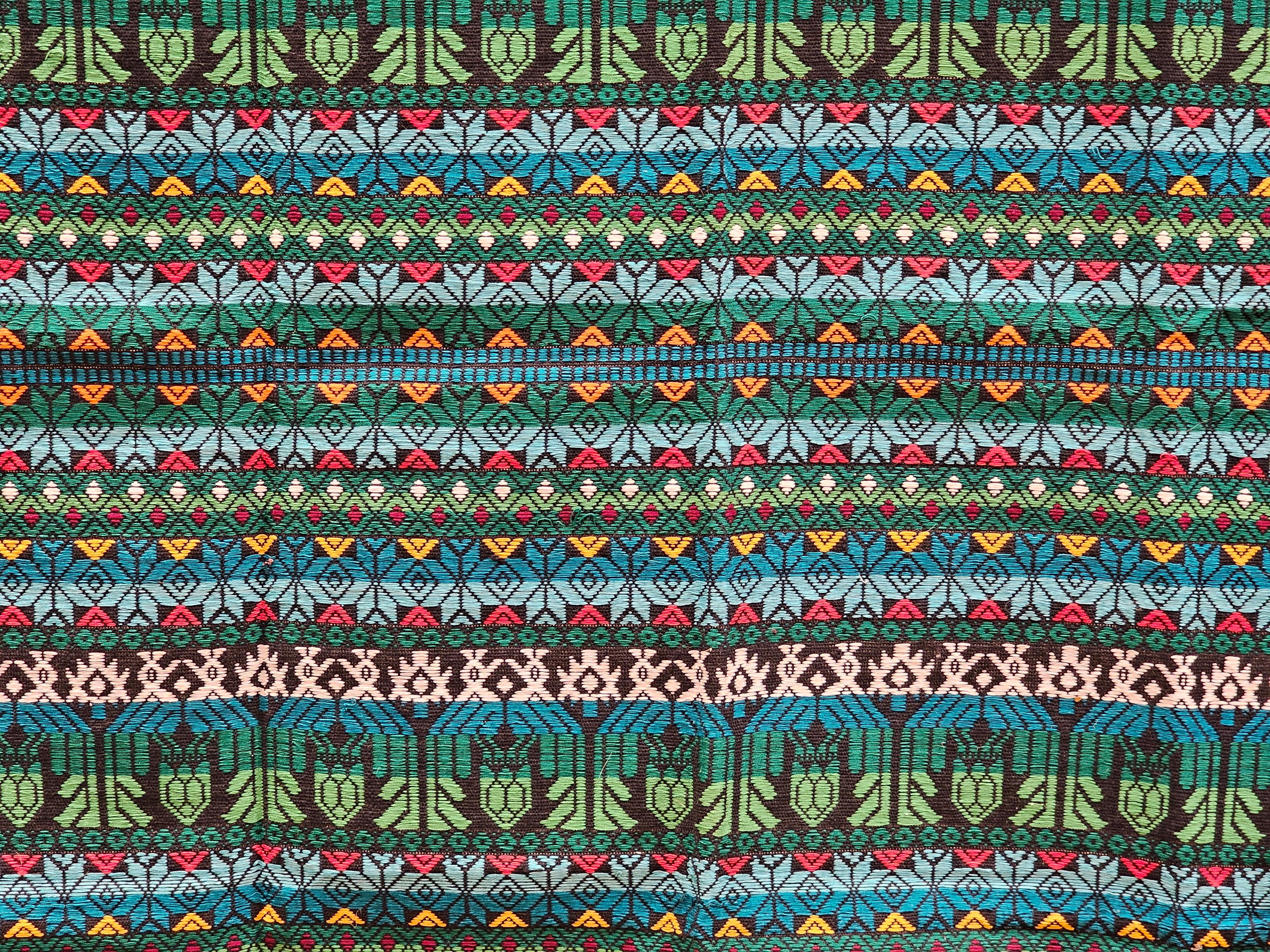 Hand-Crafted Vintage South American Hand-woven Textile Panel in Green, Blue, Red, Black For Sale