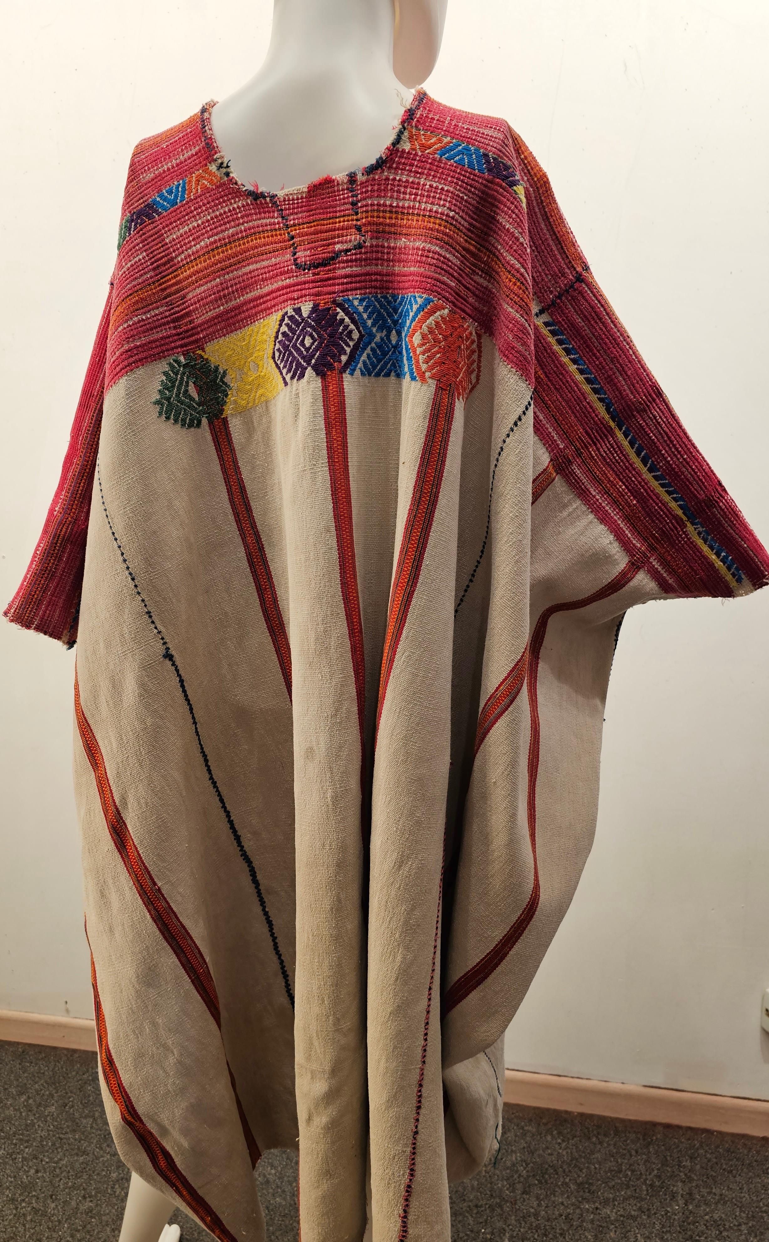 Vintage South American Handwoven Textile Made into a Poncho in Ivory, Red, Blue In Good Condition For Sale In Barrington, IL