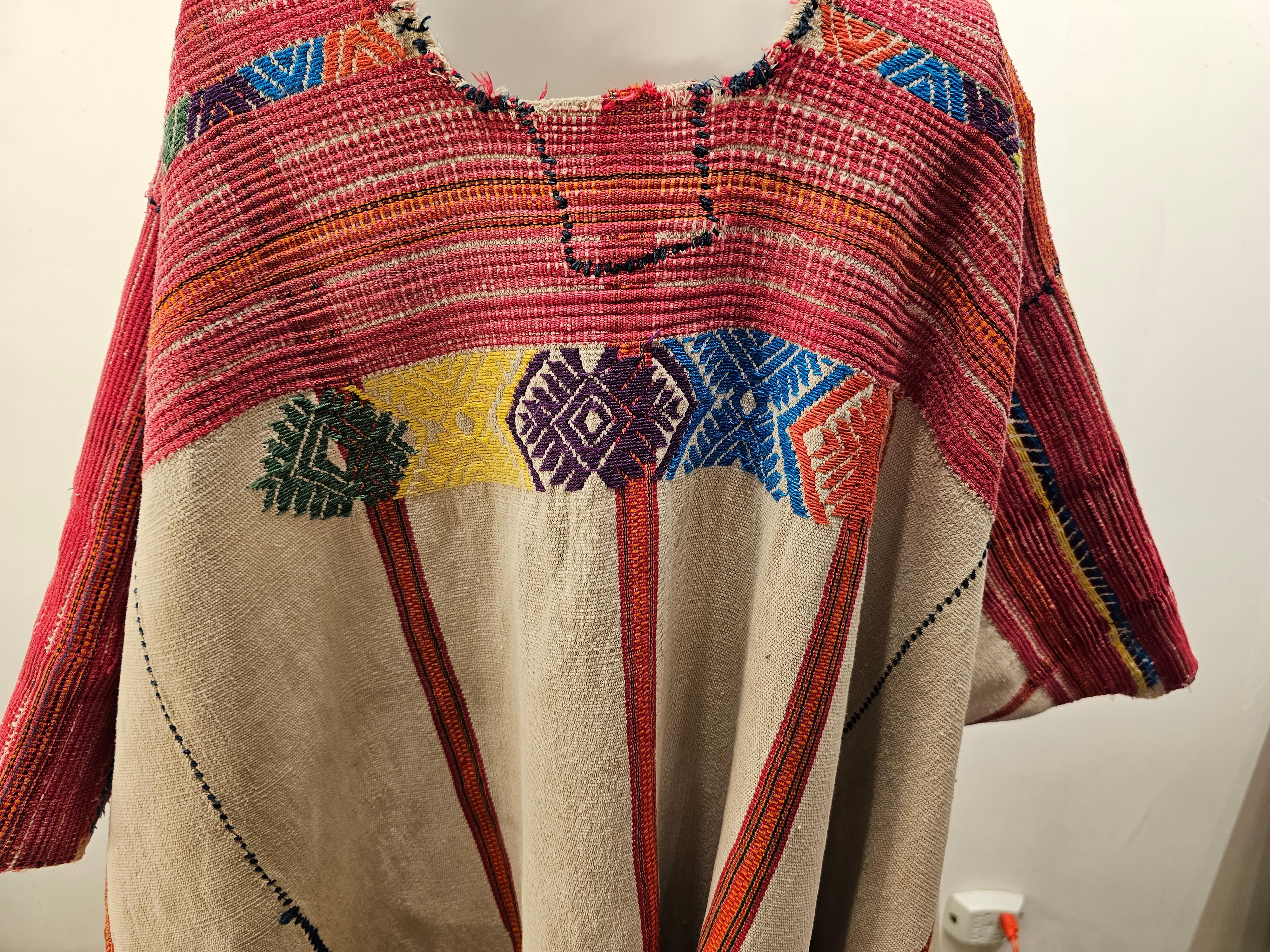 20th Century Vintage South American Handwoven Textile Made into a Poncho in Ivory, Red, Blue For Sale