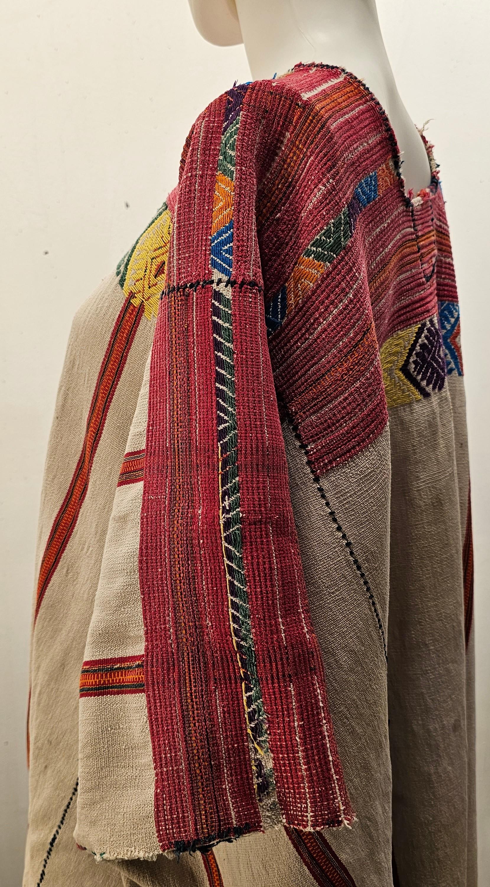 Wool Vintage South American Handwoven Textile Made into a Poncho in Ivory, Red, Blue For Sale