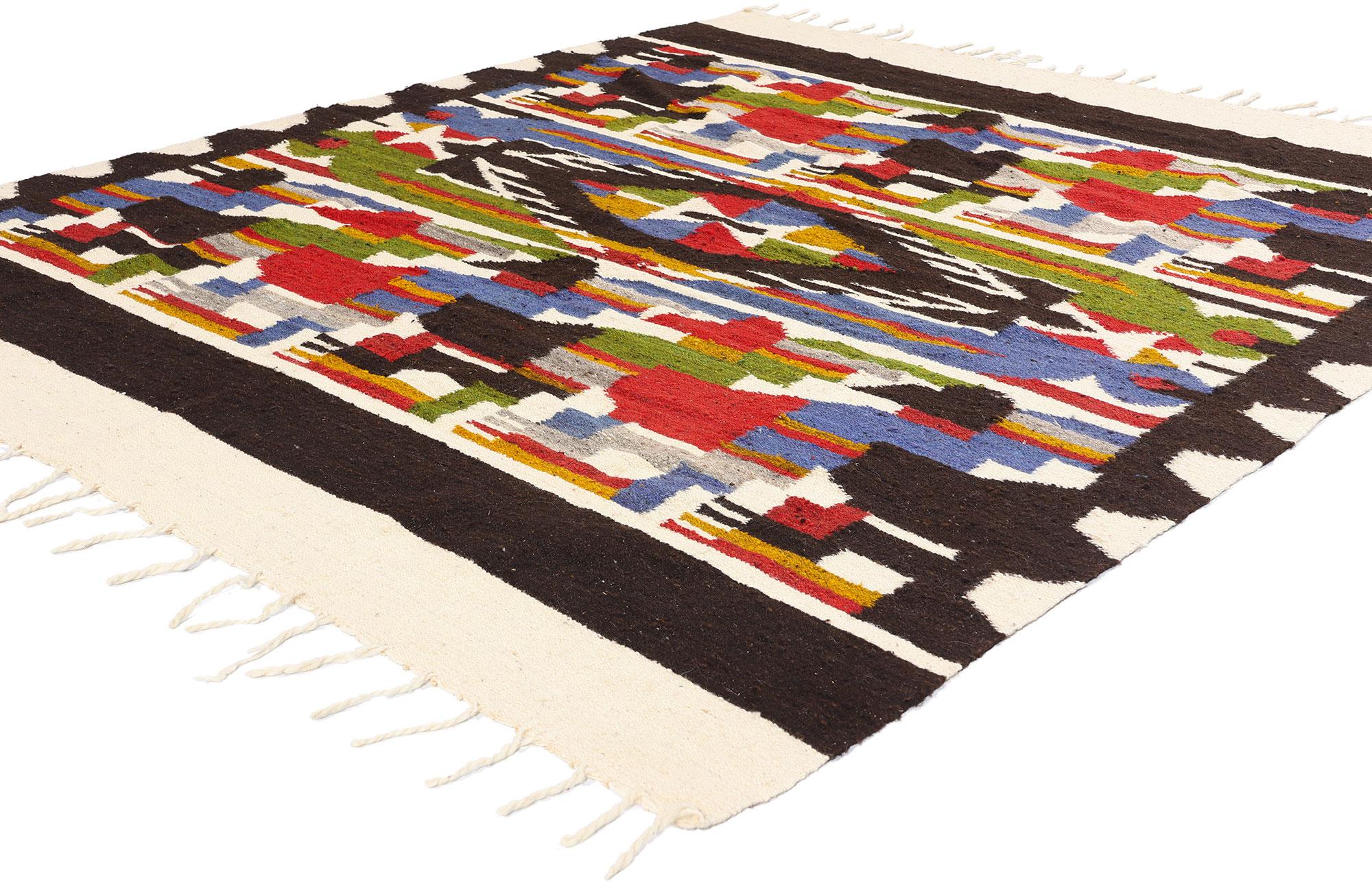 78926 Vintage South American Peruvian Kilim Rug, 05'11 x 07'00. This handwoven wool vintage South American Peruvian kilim rug is a stunning homage to the ancient Chancay culture, bringing a touch of the Andes' mystique into any living space. The