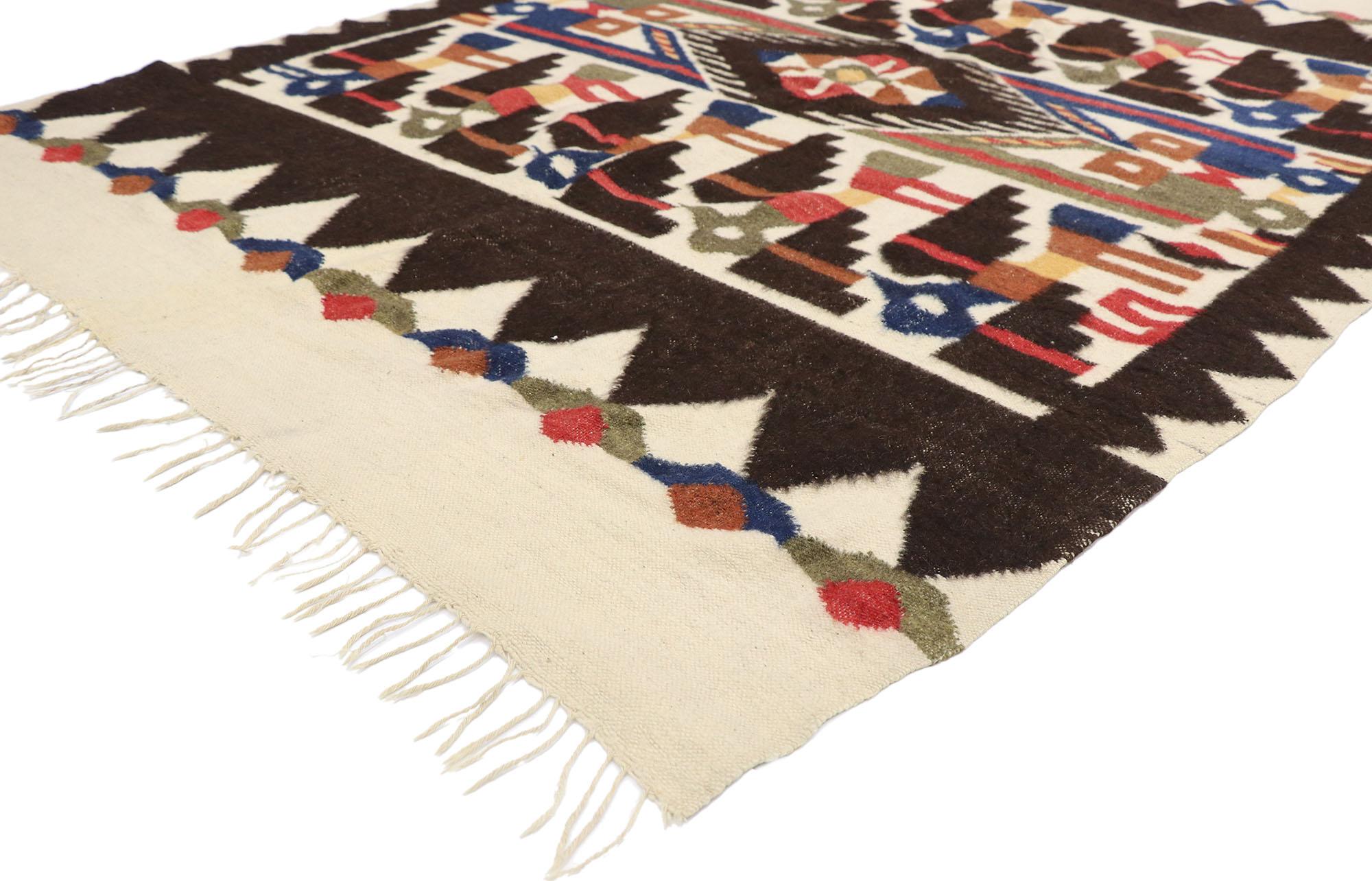 78077 vintage South American Kilim rug with Tribal style 05'04 x 07'06. Emulating Chancay pre-Incan culture, this hand-woven wool vintage South American kilim Peruvian rug is a captivating vision of woven beauty. The striking Pájaro design and